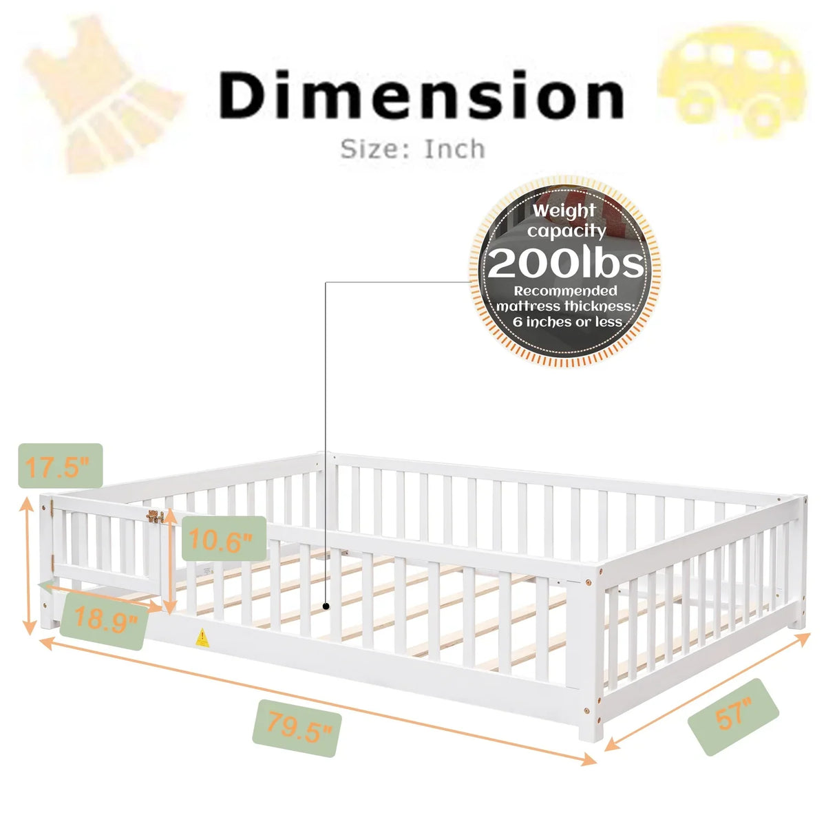Bellemave Twin Size Floor Beds, Wood Montessori Bed with Fence Railings & Support Slats, No Box Spring Needed (Gray"