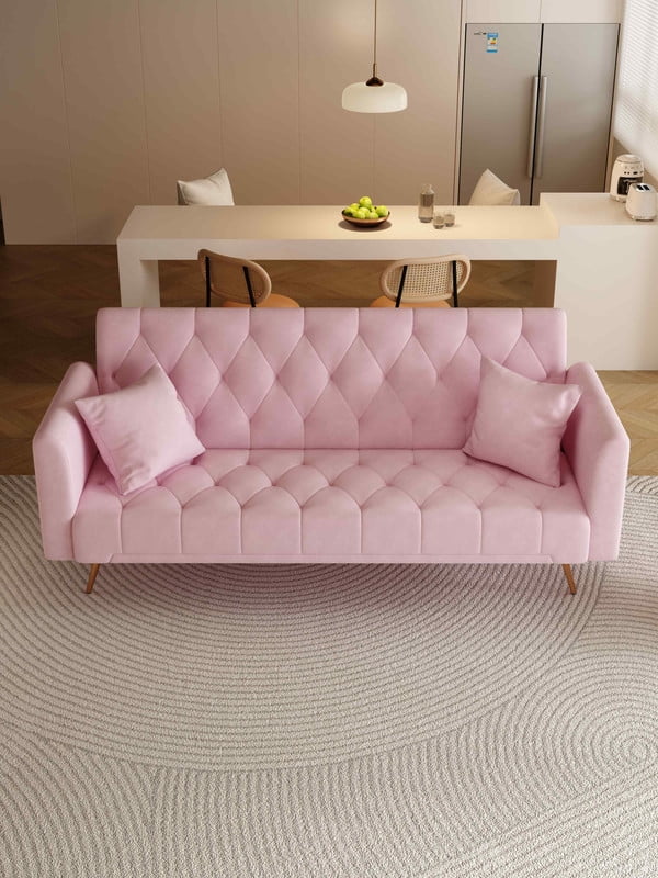FFH Modern Corduroy Futon Sofa Bed with Adjustable Backrest,Convertible Loveseat Sleeper,Soft Couch with Drop-Down Table and Cup Holder for Living room,Pink