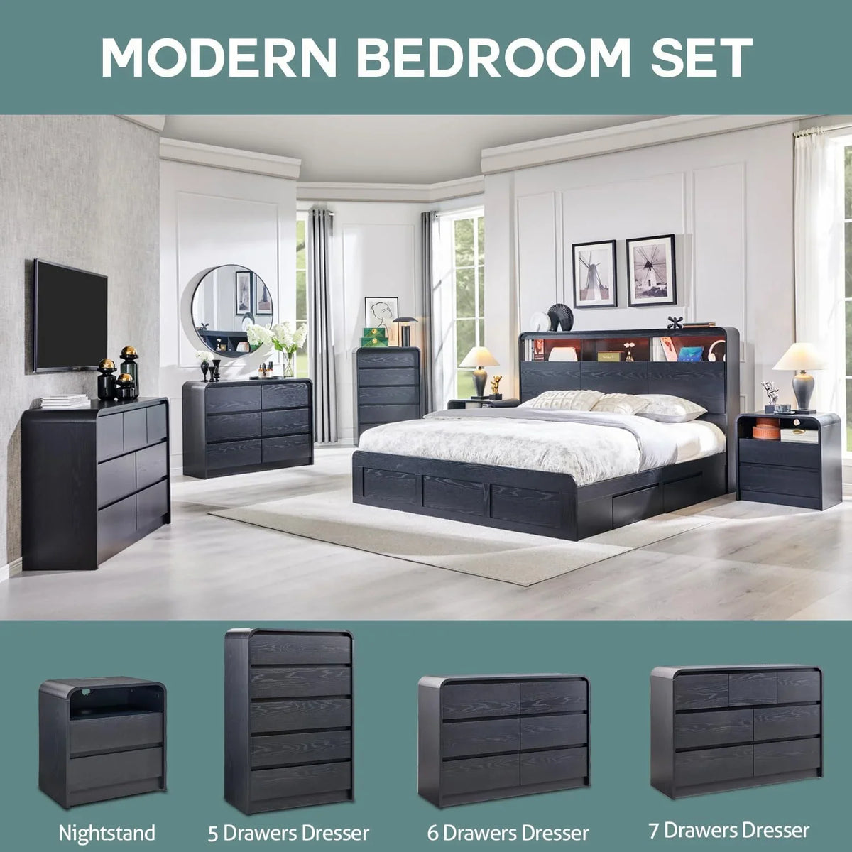 MIHOVER Modern 5 Drawer Vertical Dresser - 45'' Wood Storage Cabinet with Assembly, Chest of Drawers for Bedroom & Living Room