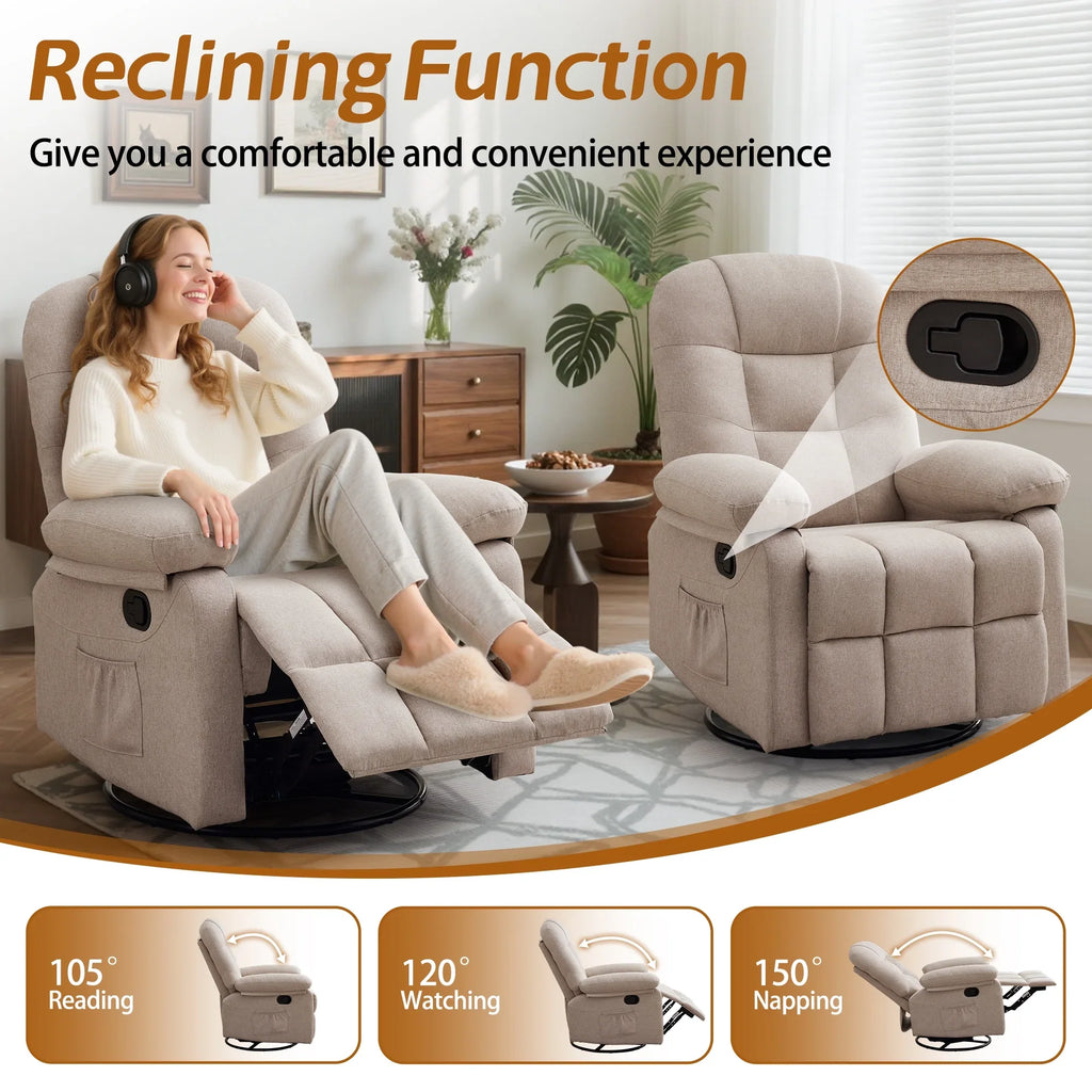 Korser Manual Swivel Rocker Recliner Chair for Living Room,Small Recliner Sofa for Small Spaces,Linen Fabric,Dark Black