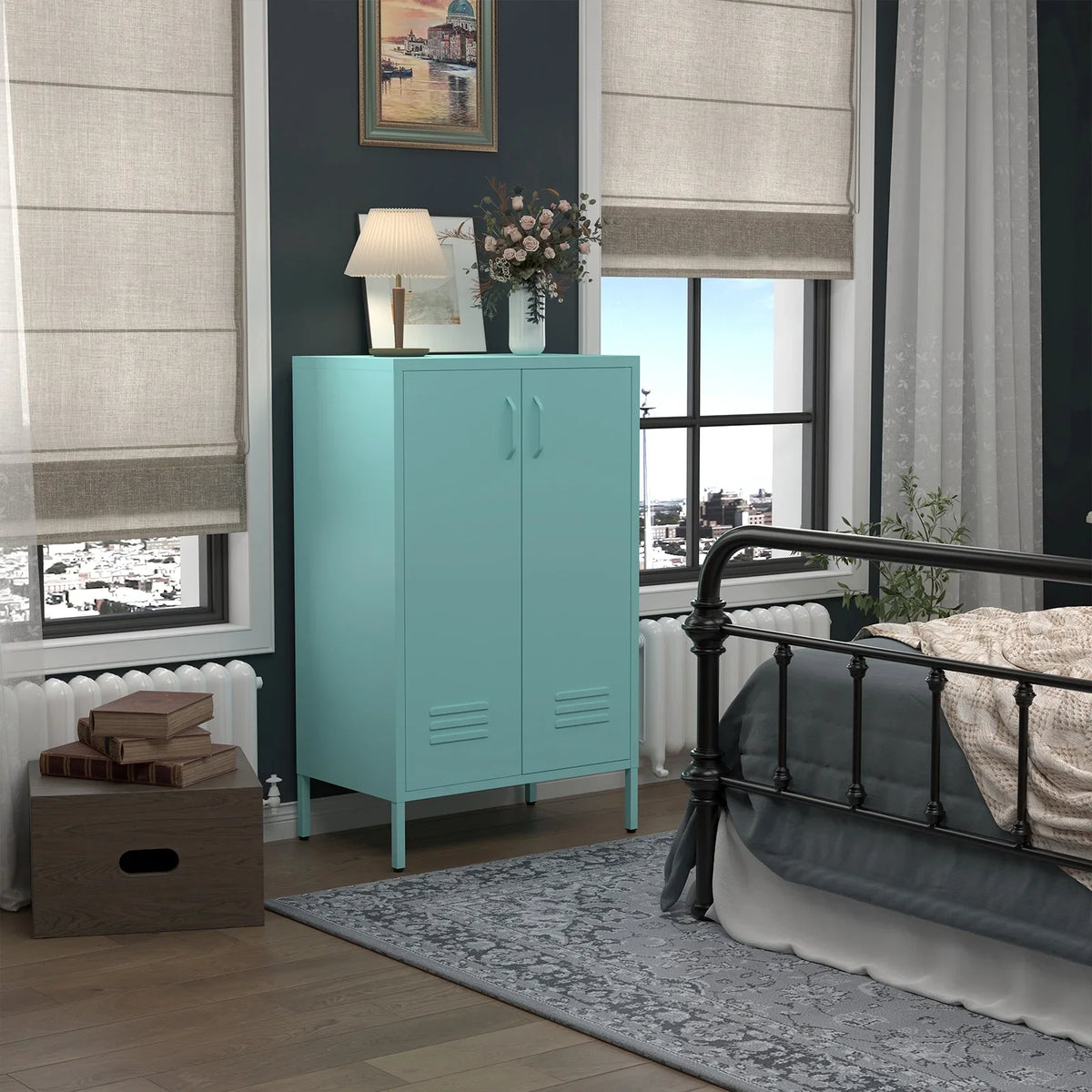 Marcree Green Metal Cabinet,2 Door Accent Cabinet,Metal Locker Cabinet with Legs,Sideboard Cabinet with Adjustable Shelves,Locker Storage Cabinet for Living Room,Entryway