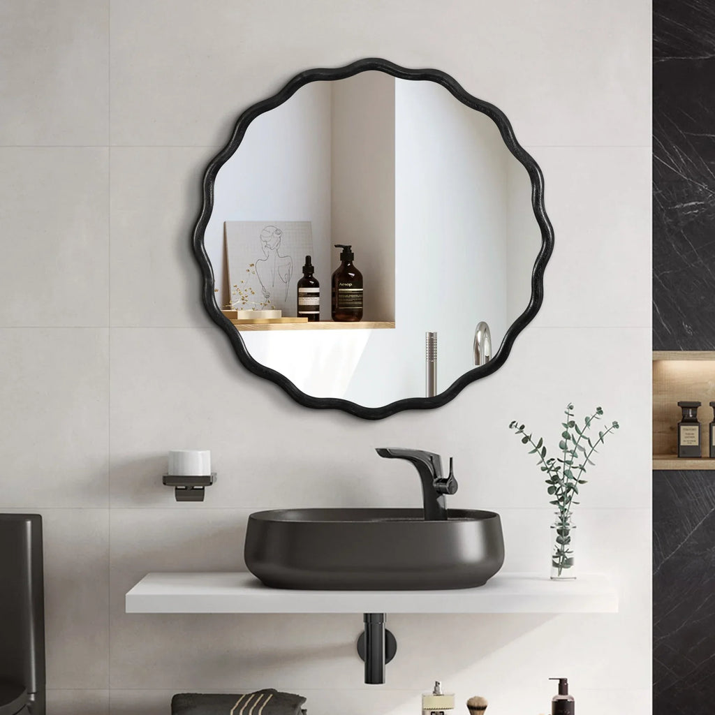 Solid Wood Wavy Frame Modern Mirror - 40x28 Inches Durable Farmhouse Wall Decor for Bathroom, Living Room & Entryway with Easy Install