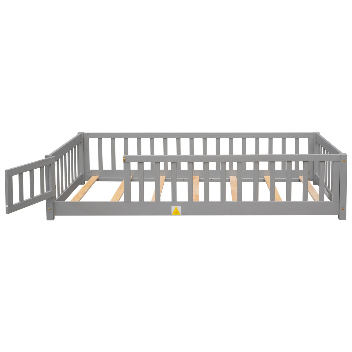 PAPROOS Twin Size Floor Bed, Solid Wood Toddler Bed with Slat, Fence Guardrail and Door, No Box Spring Needed, Montessori Bed, Twin Bed for Kids, Boys, Girls, Gray