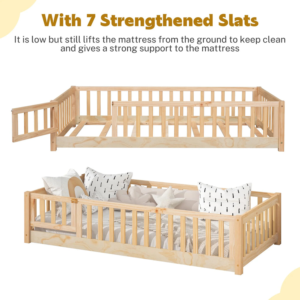 PAPROOS Twin Size Floor Bed, Solid Wood Toddler Bed with Slat, Fence Guardrail and Door, No Box Spring Needed, Montessori Bed, Twin Bed for Kids, Boys, Girls, Gray