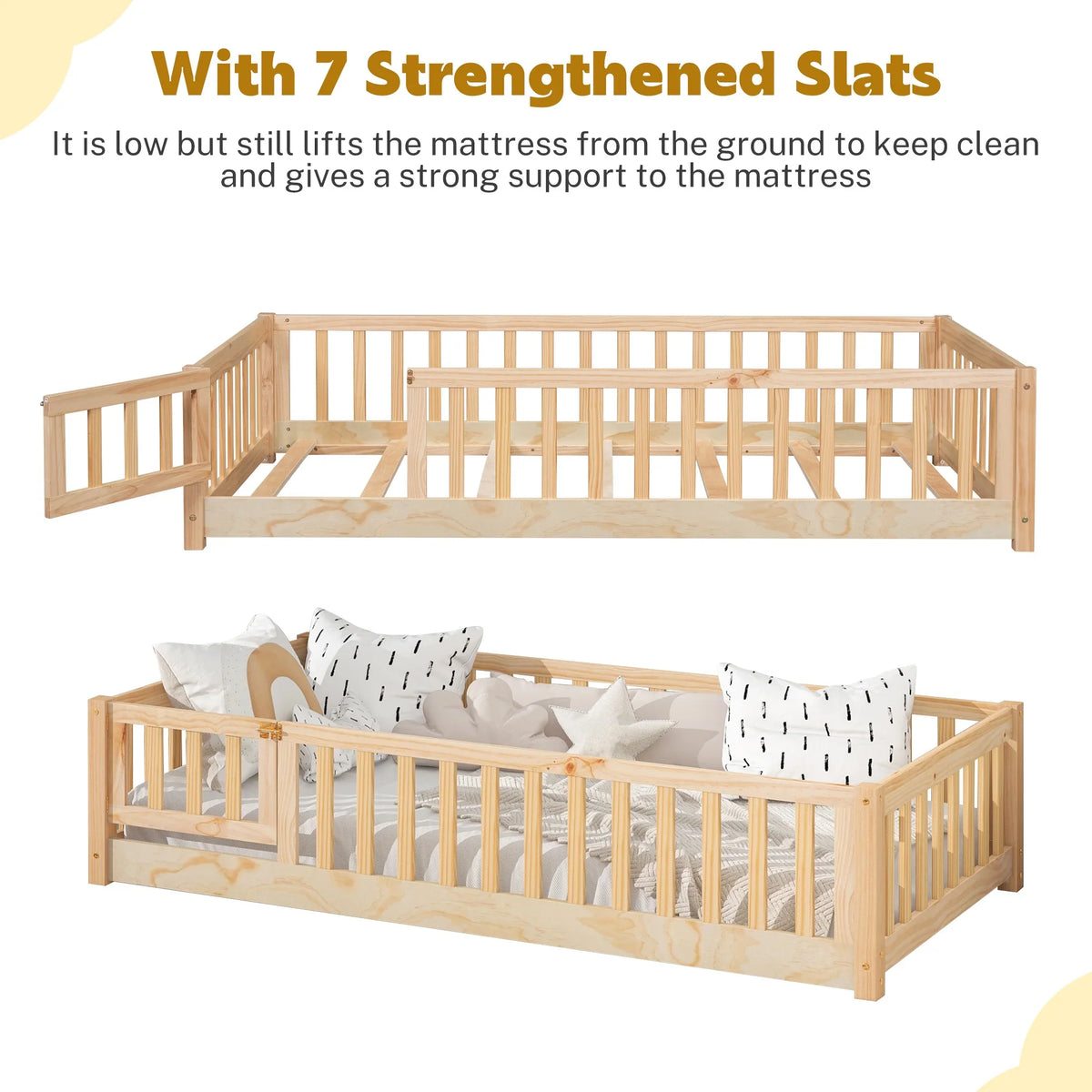 PAPROOS Twin Size Floor Bed, Solid Wood Toddler Bed with Slat, Fence Guardrail and Door, No Box Spring Needed, Montessori Bed, Twin Bed for Kids, Boys, Girls, Gray