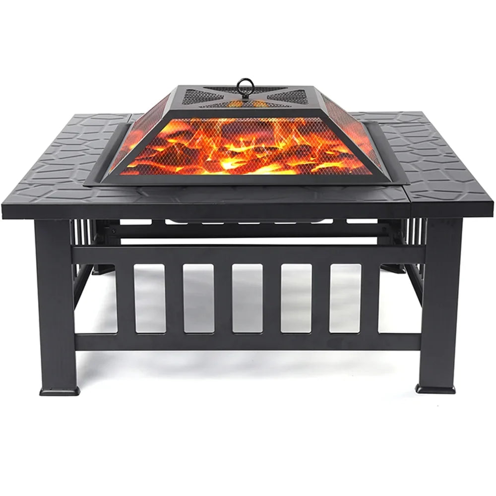 Wood Burning Fire Pits for Outside, 32" Square Iron Fire Pit Backyard Patio Garden Stove Wood Burning Fire Pit w/ Mesh Screen Lid, Wood Grate, Poker, Durable Fire Pit, Q5946