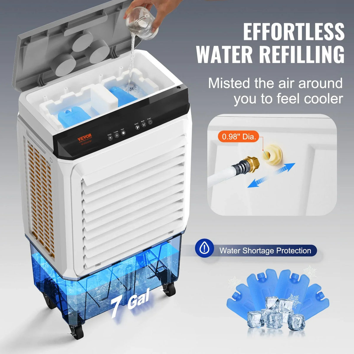 VEVOR Evaporative Air Cooler, 2100 CFM, 135" Oscillating Swamp Cooler with Adjustable 3 Speeds and 12 H Timer, 7 Gal Portable Air Cooler for 750 Sq.ft, Indoor/Outdoor Use