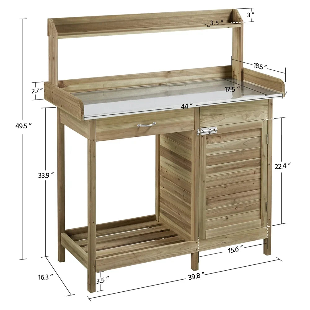Renwick Outdoor Garden Potting Bench W/Cabinet Drawer Open Shelf, Gray