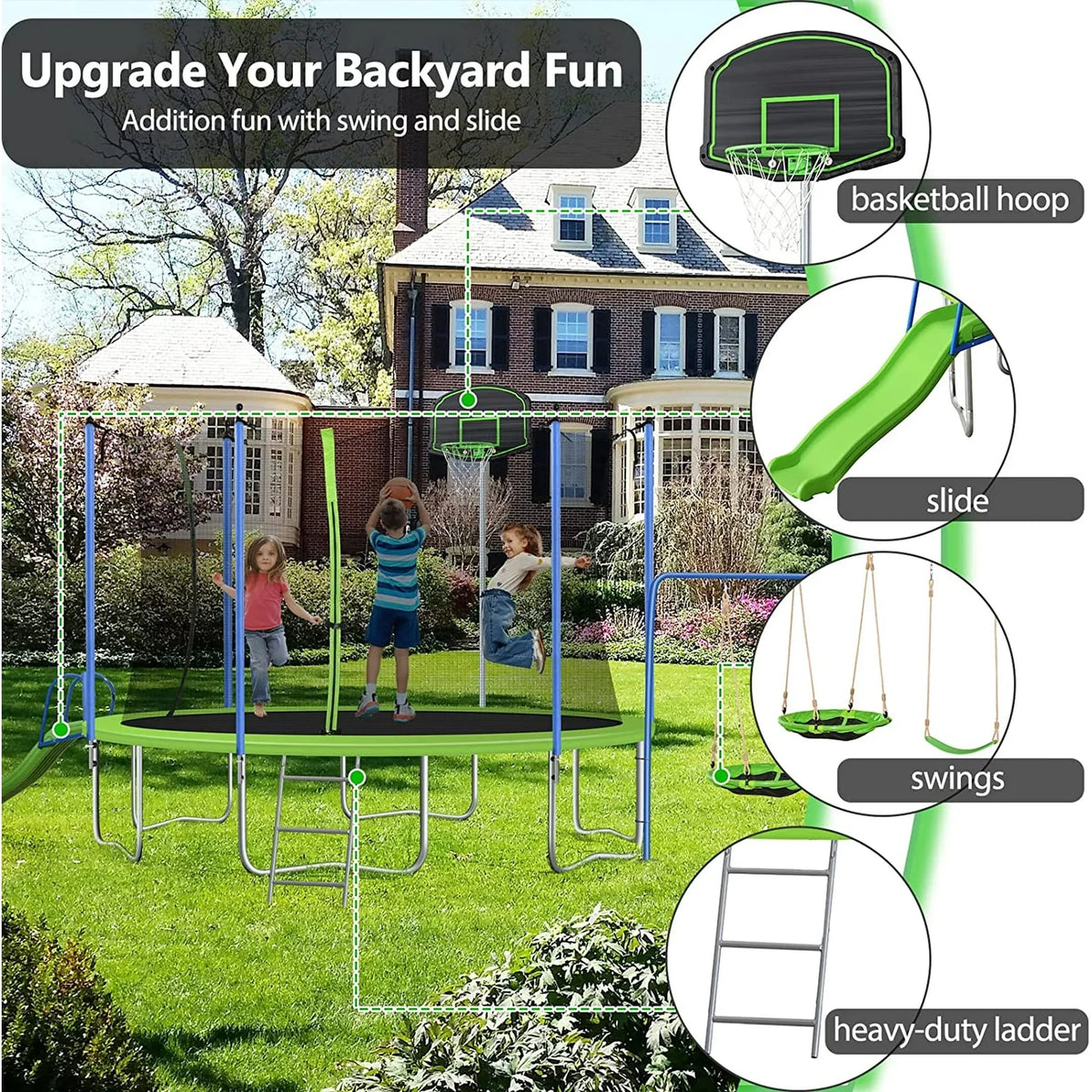 SOGES 12ft Trampolines with Slide and Swing, Basketball Hoop, 4�C7 Kids
