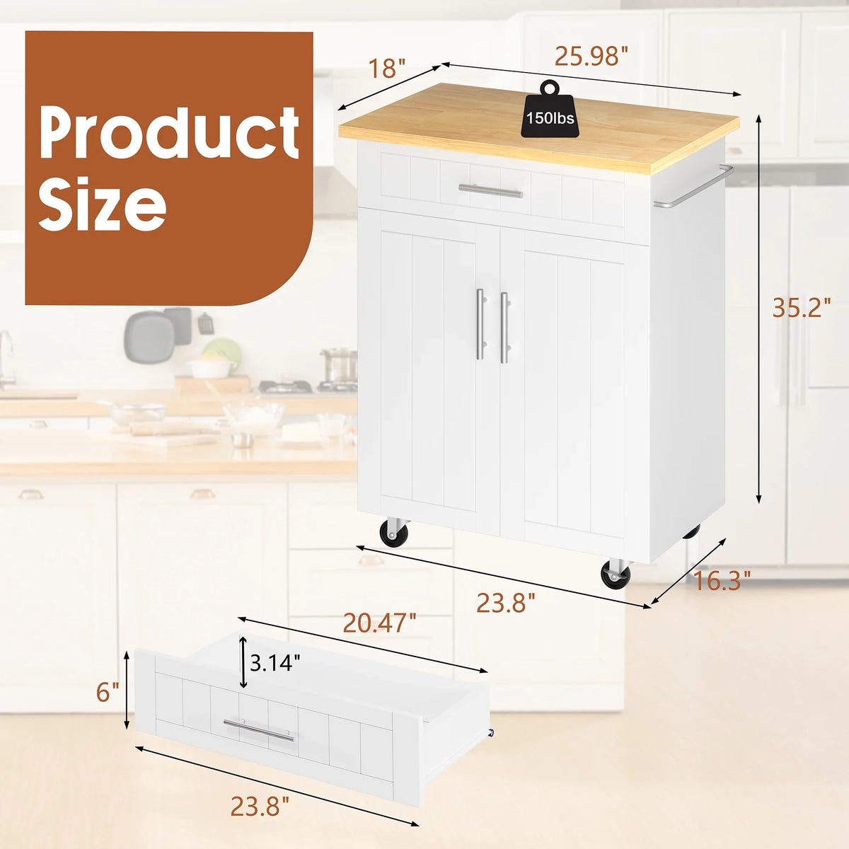 Walsunny Kitchen Island Table Stand with Storage on Wheels,Rolling Kitchen Cart Storage Cabinet with Drawer,White