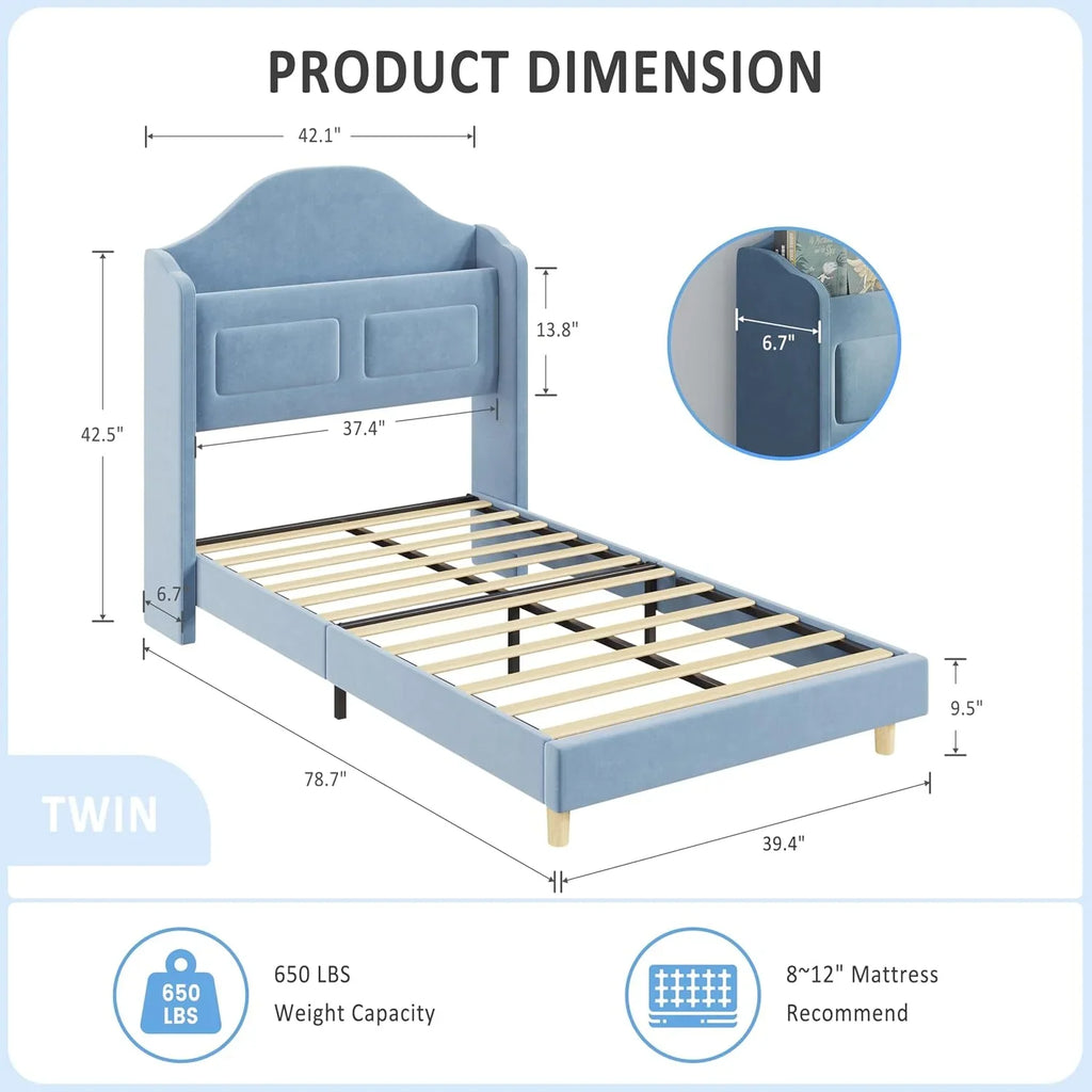 BouPower Twin Size Bed Frame with LED Lights,Platform Bed with Wing Back Storage Headboard,Upholstered Twin Bed,No Box Spring Needed,Easy Assembly