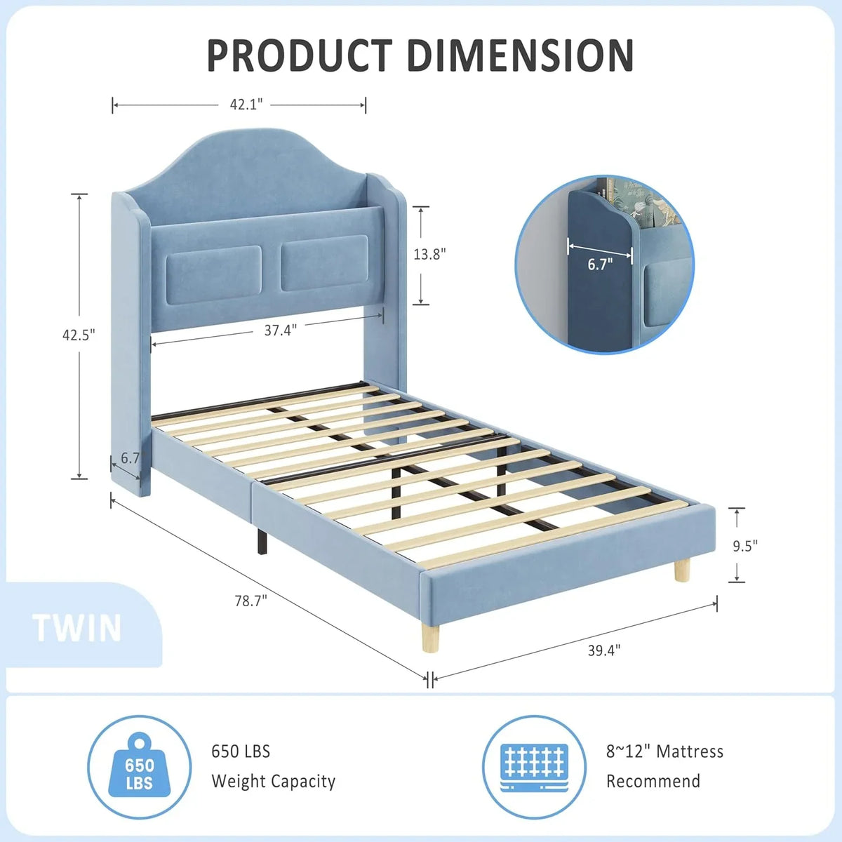 BouPower Twin Size Bed Frame with LED Lights,Platform Bed with Wing Back Storage Headboard,Upholstered Twin Bed,No Box Spring Needed,Easy Assembly