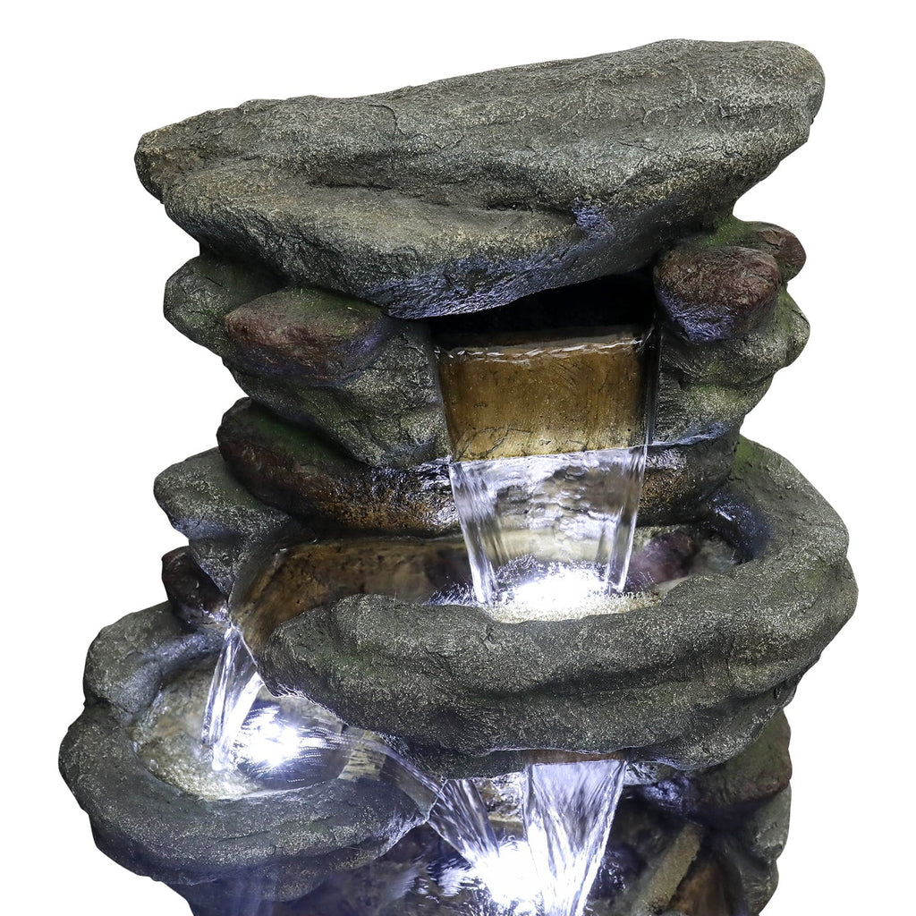 51" H Outdoor Water Fountain - 7-Tiers Rock Waterfall Fountain with LED Lights for Home Garden Decor