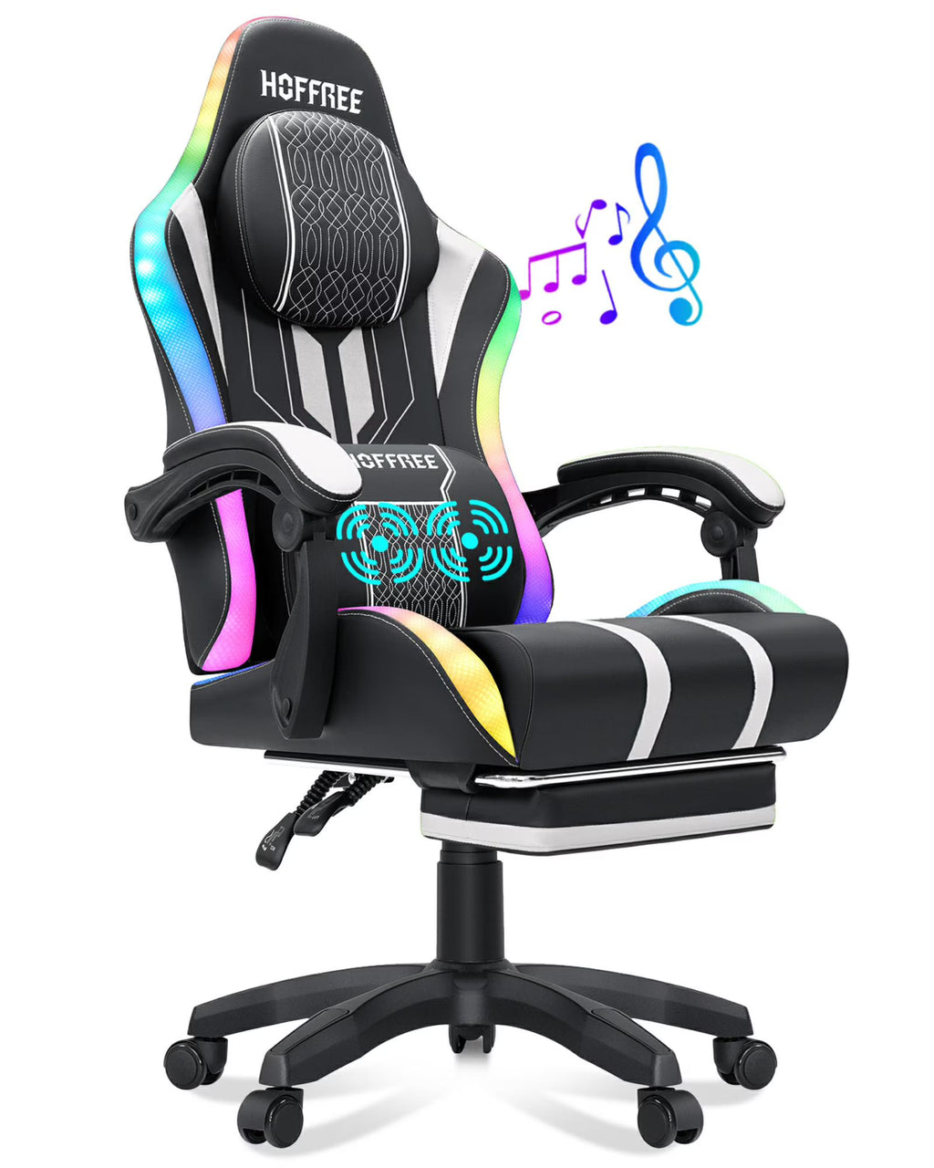 HOFFREE Big and Tall Gaming Chair with Speakers and RGB Lights, Gamer Chair with Footrest, Lumbar Support Height Adjustable 360-Swivel Seat and Headrest for Adults, 400lbs