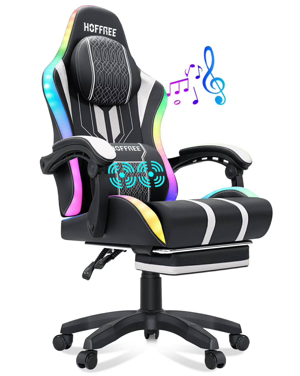 HOFFREE Big and Tall Gaming Chair with Speakers and RGB Lights, Gamer Chair with Footrest, Lumbar Support Height Adjustable 360-Swivel Seat and Headrest for Adults, 400lbs