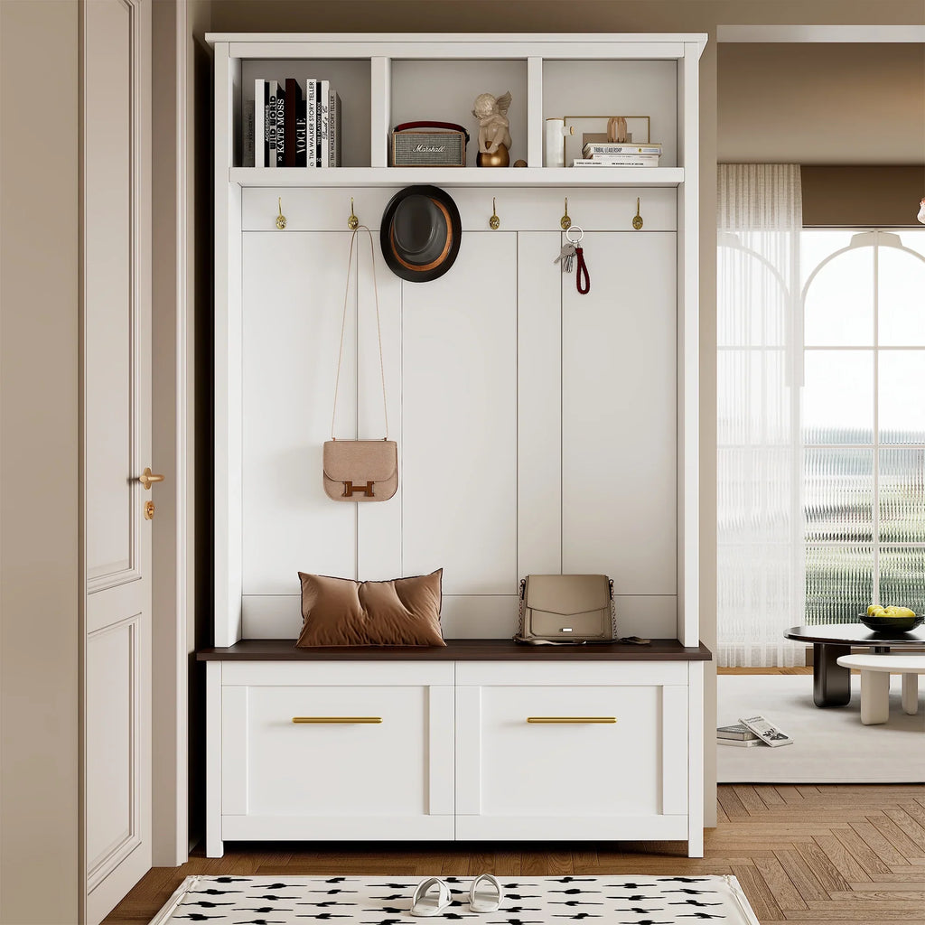 Harper & Bright Designs Farmhouse Hall Tree with Bench and Shoe Storage, Mudroom Bench with Coat Rack and Adjustable Shelves for Hallway, Living Room, White