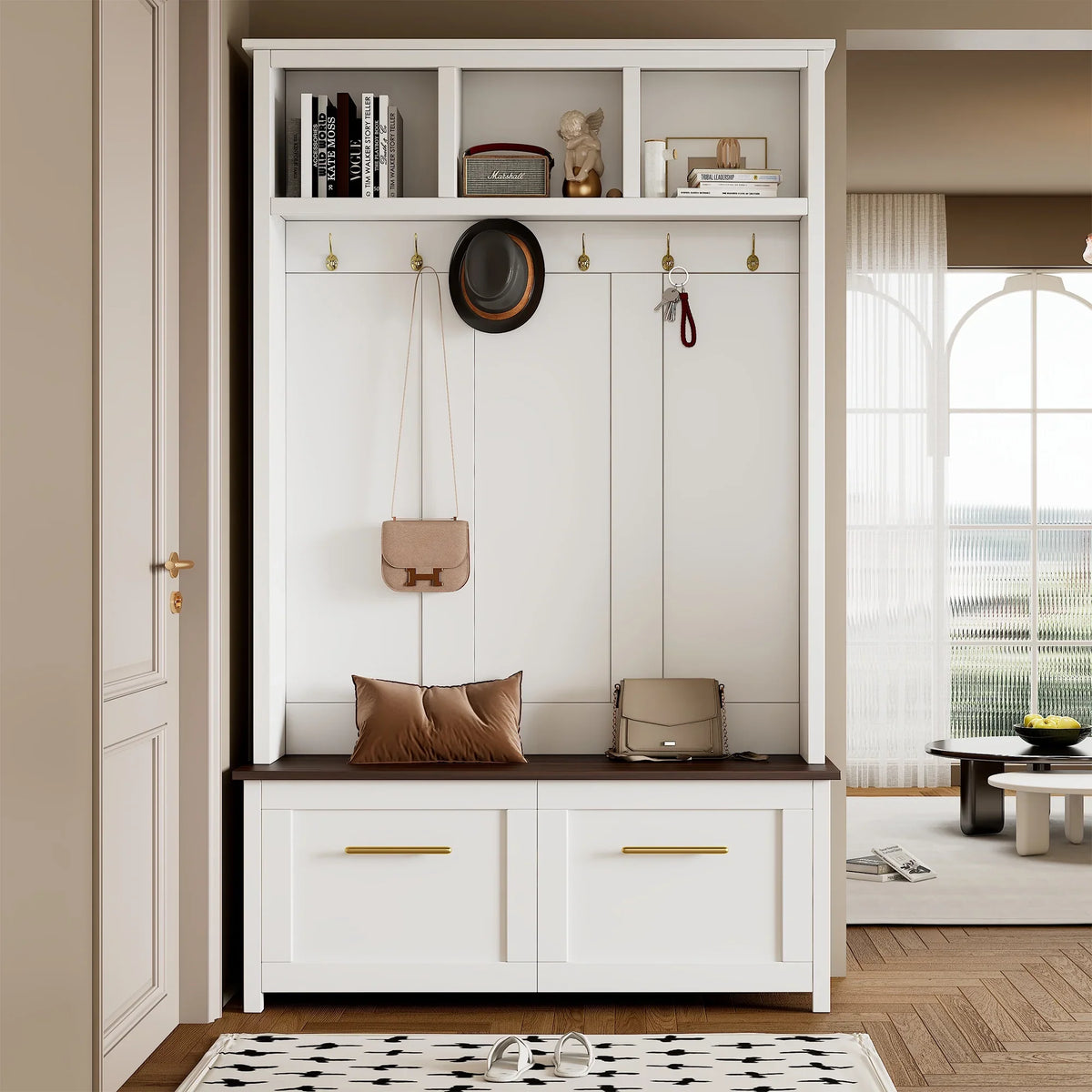 Harper & Bright Designs Farmhouse Hall Tree with Bench and Shoe Storage, Mudroom Bench with Coat Rack and Adjustable Shelves for Hallway, Living Room, White