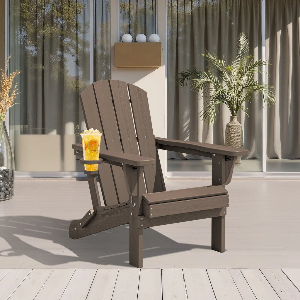 SERWALL Outdoor Adjustable Folding HDPE Adirondack Chairs Set of 2 with Cup Holder, Gray