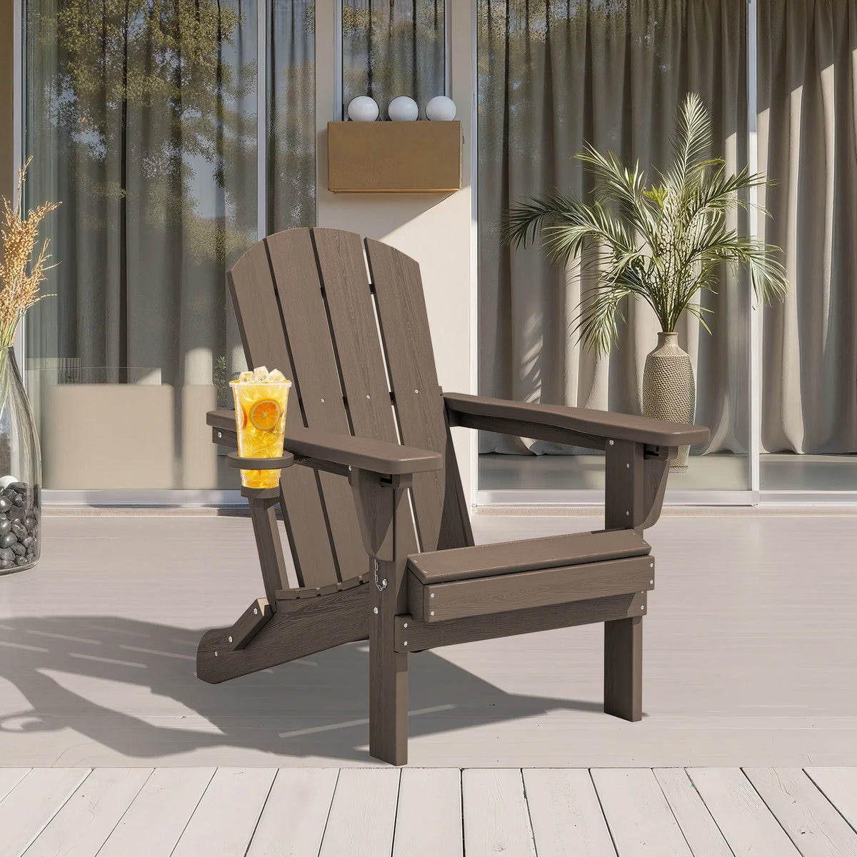 SERWALL Outdoor Adjustable Folding HDPE Adirondack Chairs Set of 2 with Cup Holder, Gray
