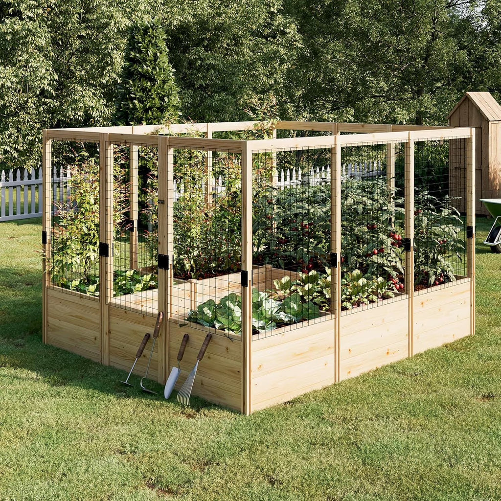 Jocisland Wooden Raised Garden Bed for Outdoor, Deep Large Planter Box with Netting for Gardening, Vegetables, Herbs"8"9"6 ft"