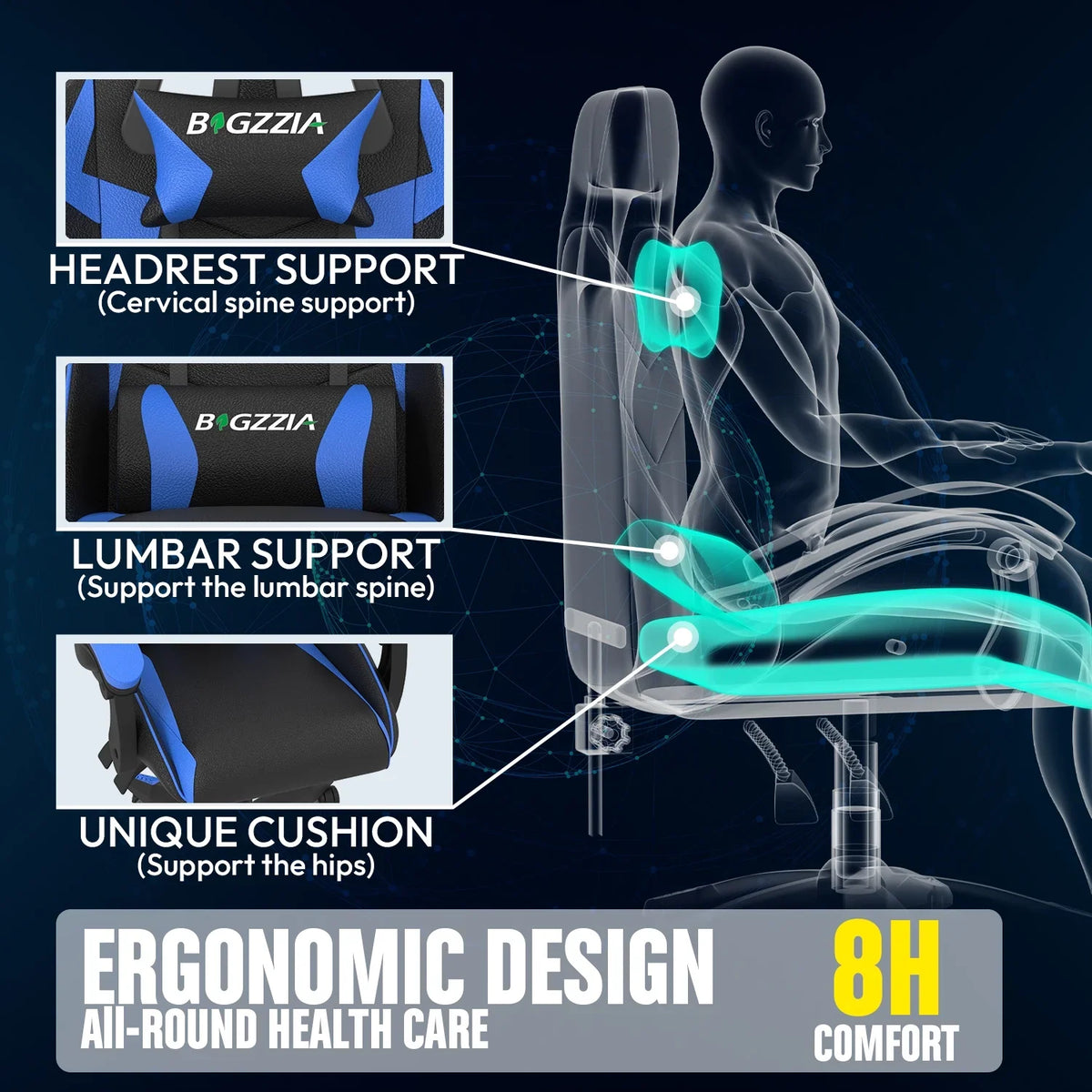 Bigzzia Gaming Chair with Heated Cushion, High Back Video Game Chairs with Pillow and Lumbar Support, Green