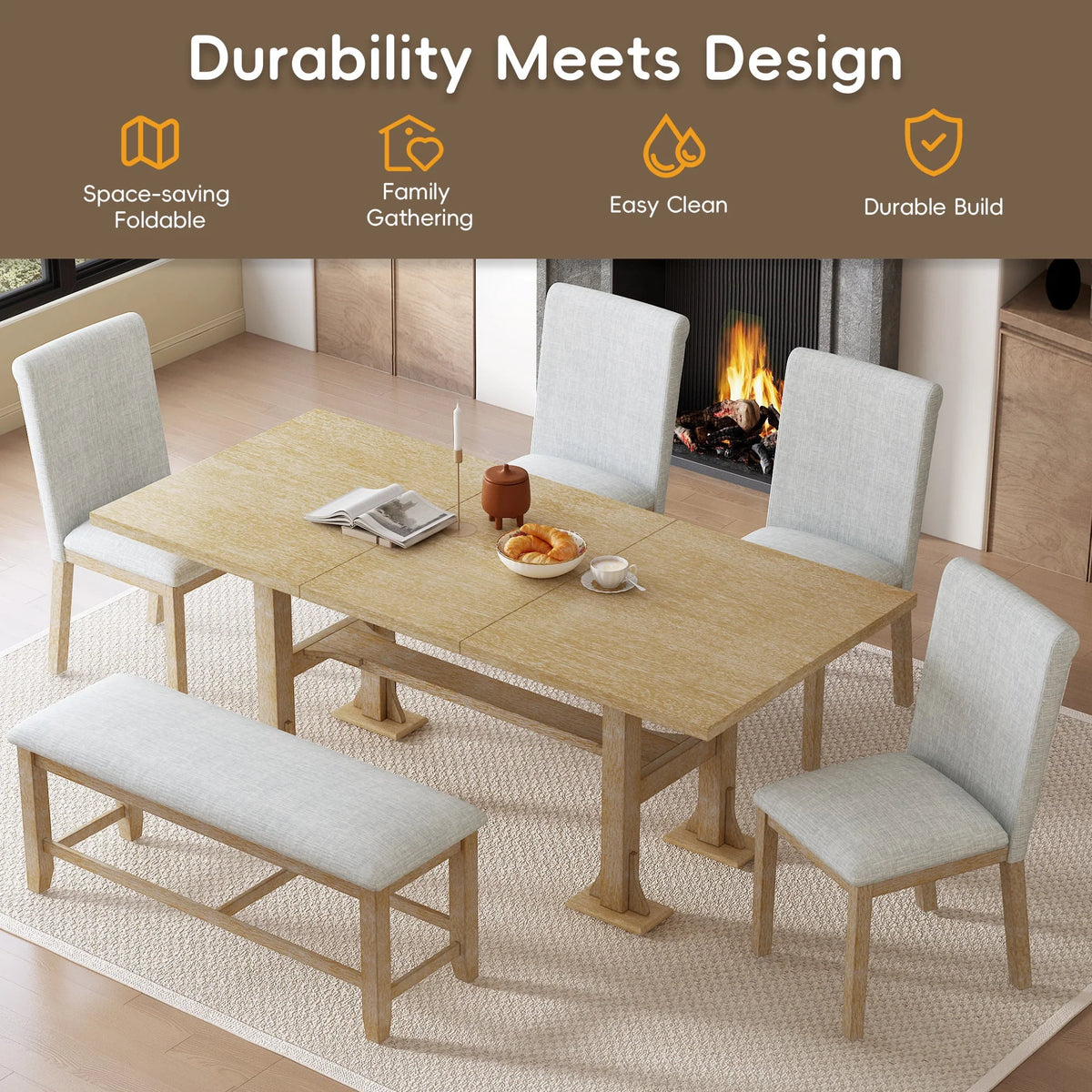 6 Piece Extendable Dining Table Set, Atumon Wood Dining Room Set for 6, Dining Table Set with 4 Cushioned Chairs and Bench, Farmhouse Dining Table Set Furniture for Kitchen Dining Room, Dark Brown