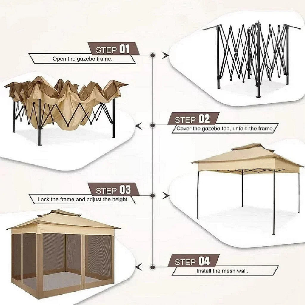 HOTEEL 12x12 Outdoor Pop-up Gazebo Canopy with Mosquito Netting 2-Tiered Vented Top 3 Adjustable Height for Backyard, Garden, Lawn,Light Grey