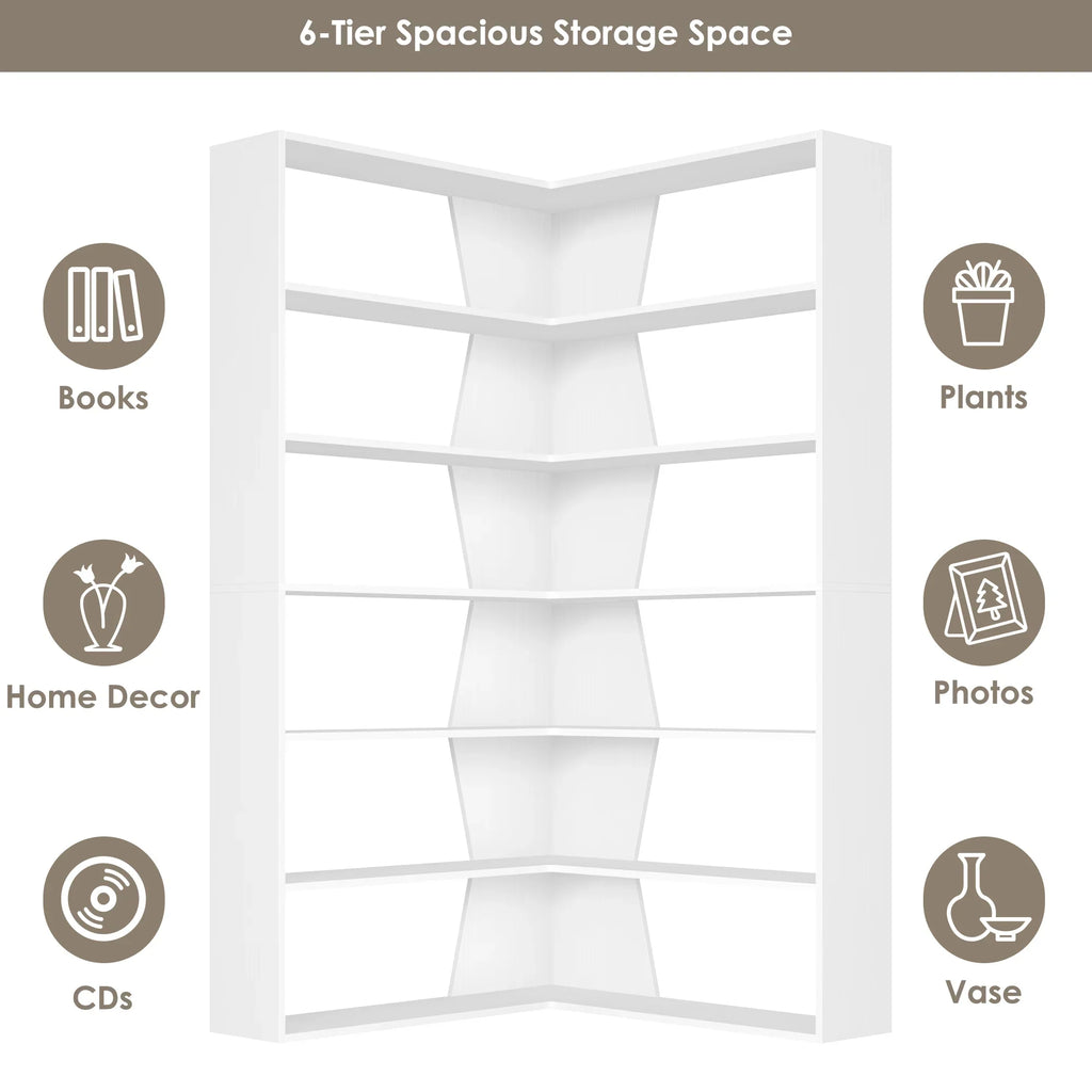 Homfa 6-Tier Corner Bookcase, L-Shaped Bookshelf with Baffle, Storage Display Rack for Office Living Room, Gray