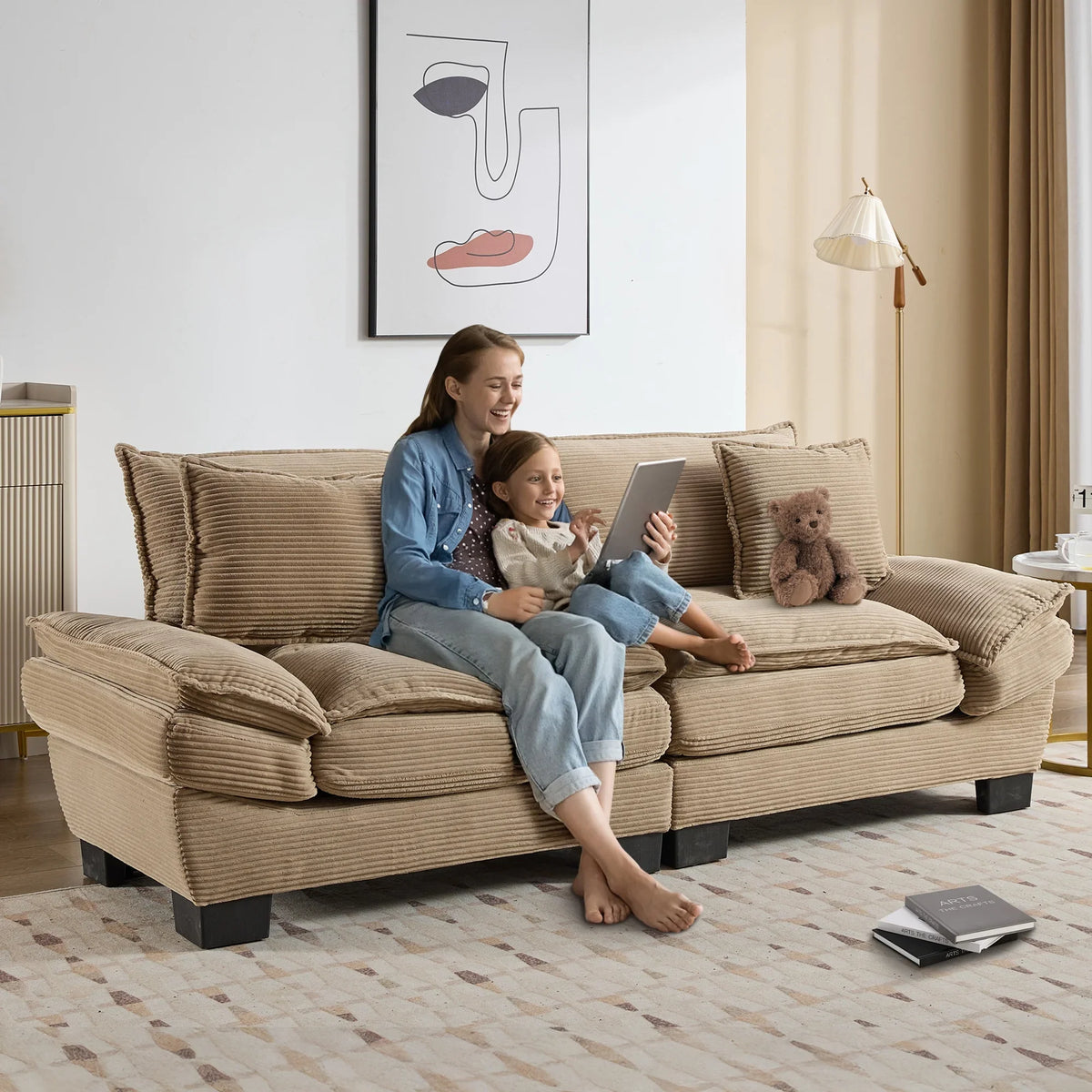 Dinosisco 84"L Deep Seat Sofa, Corduroy Upholstered Sleeper Couch for Living Room, Pink