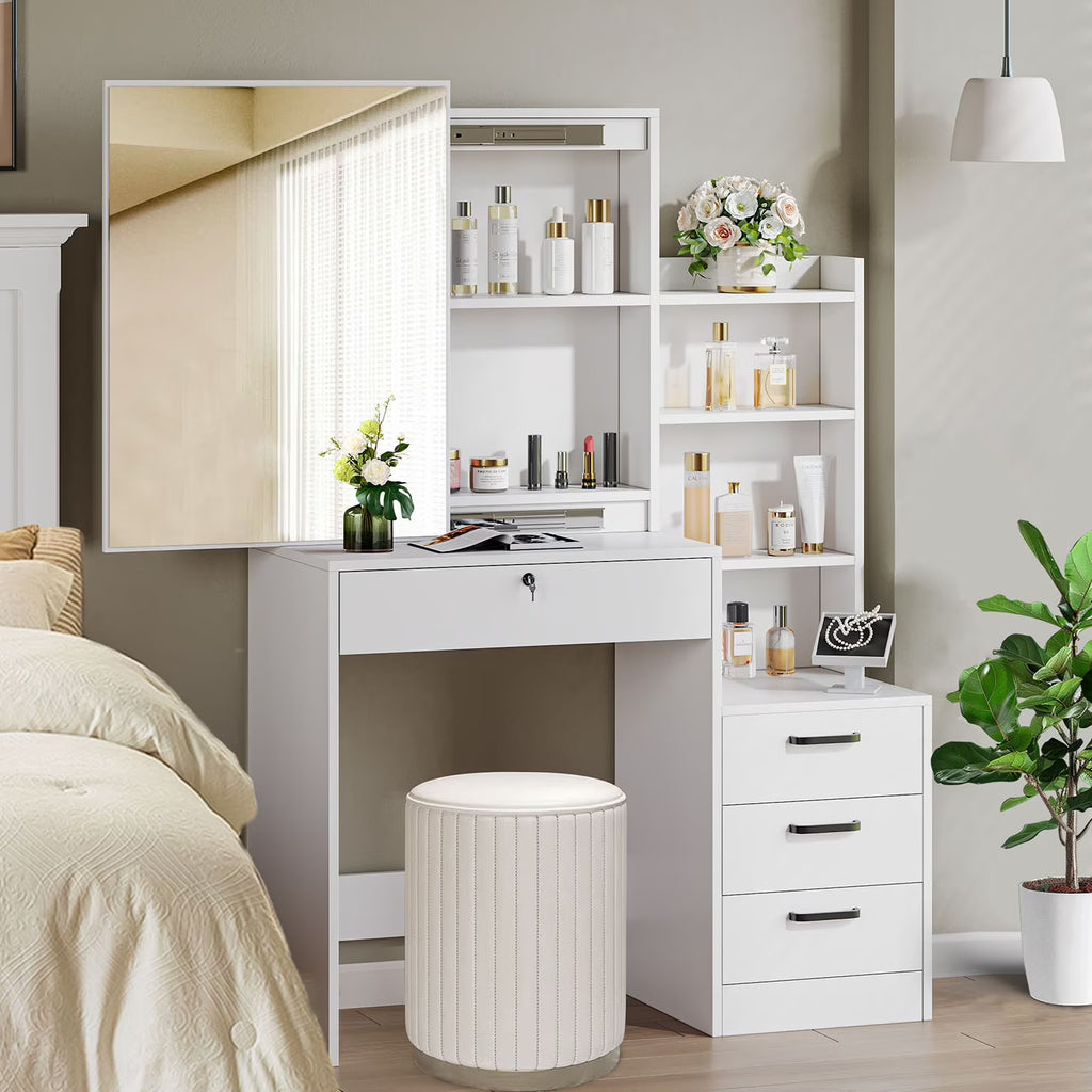 Fenbeli Vanity Set with Mirror and Lights, Makeup Vanity with 3 Drawers, Vanity Desk for Girls, Women, White
