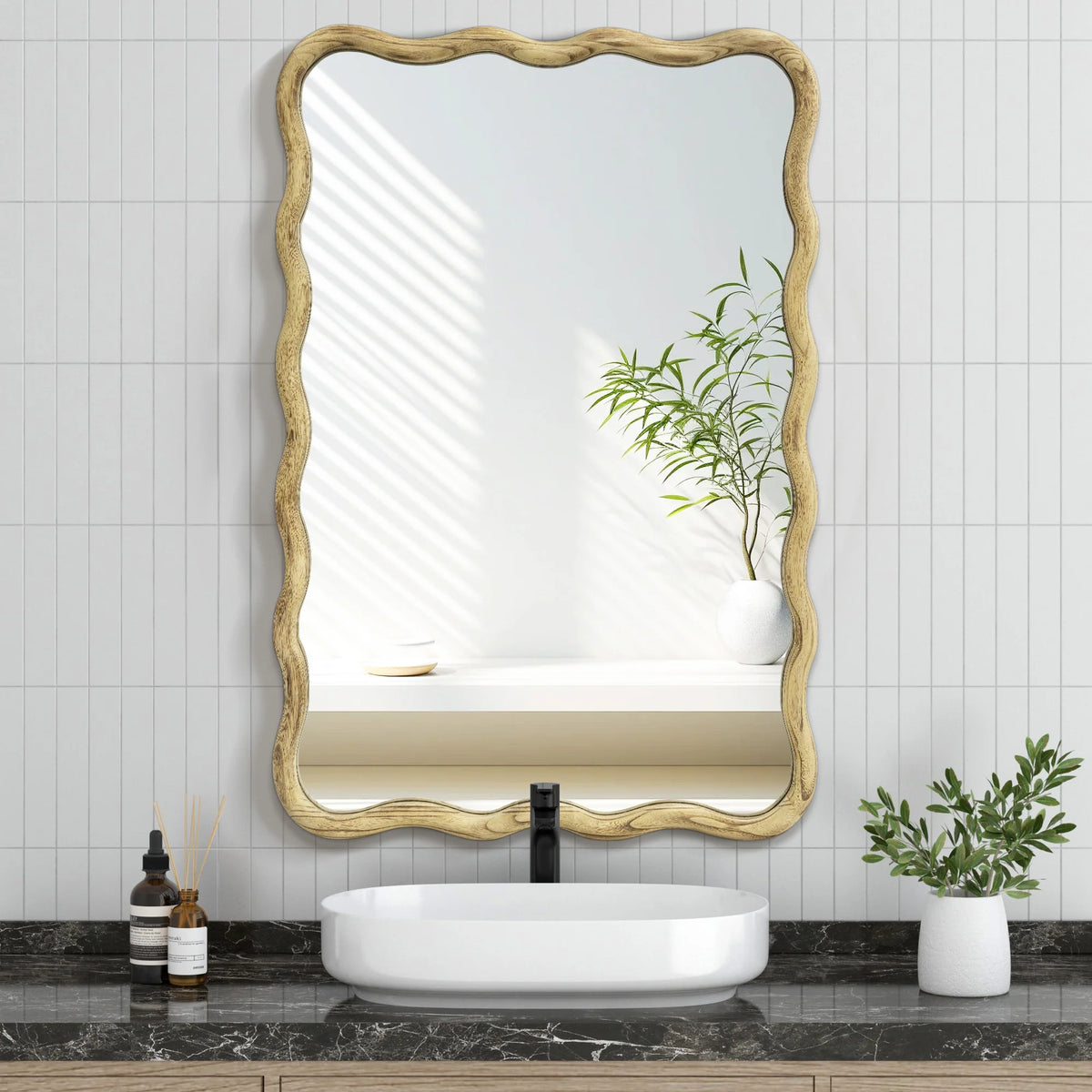 TEWLOSS Wavy Mirrors Wall Mirror, 30"x20" Bathroom Mirror Wood Framed, White