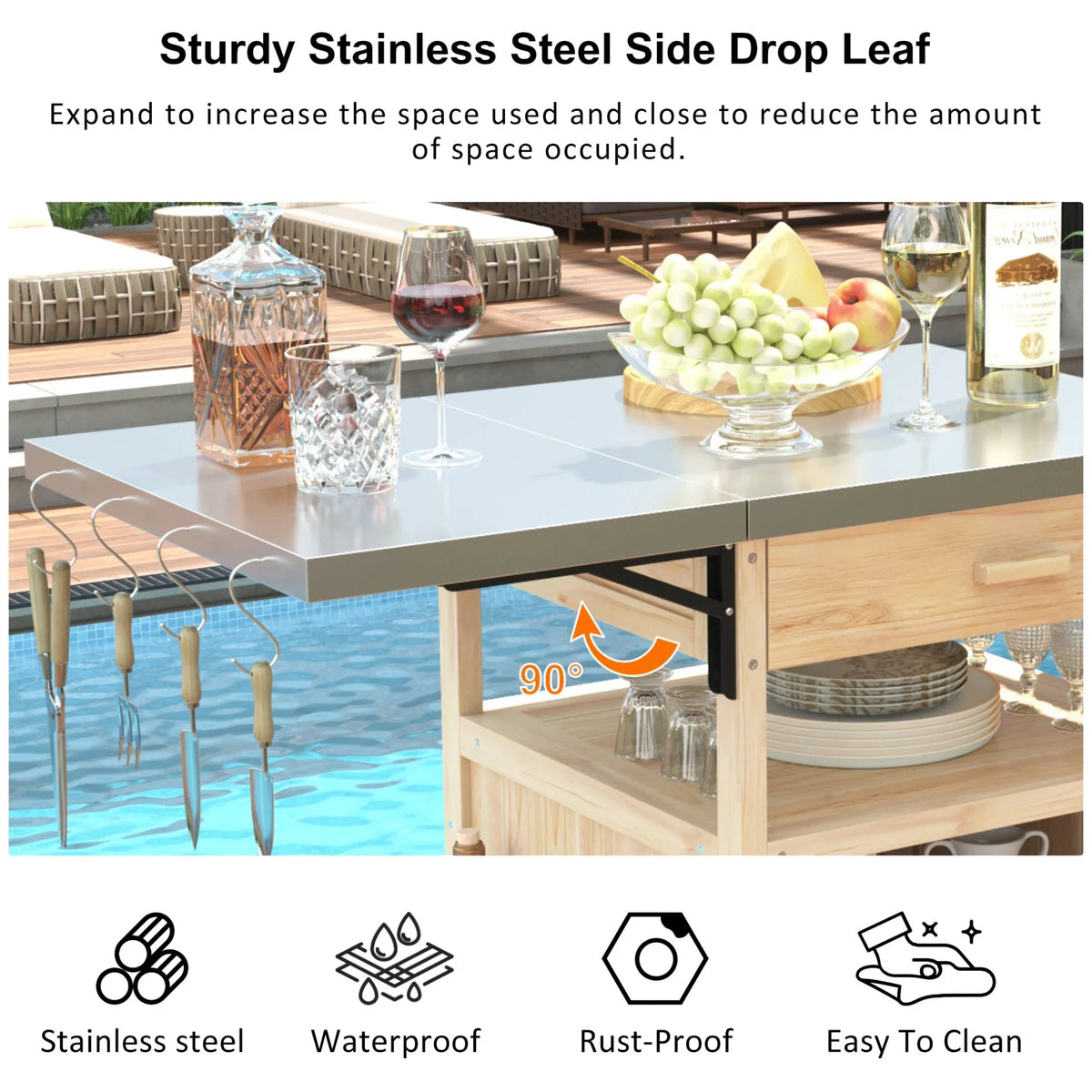 Solid Wood Outdoor Kitchen Island with Drop Leaf, Grill Table with Stainless Steel Table Top, Outdoor Bar Cart & Storage Cabinet with Lockable Wheels, Drawer, Spice Rack, Blue Grey