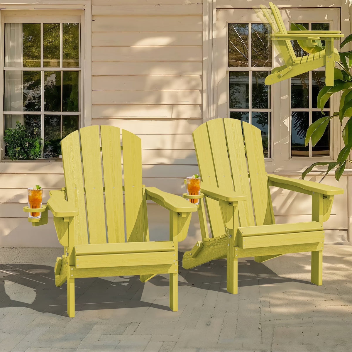 SERWALL Outdoor Adjustable Folding HDPE Adirondack Chairs Set of 2 with Cup Holder, Gray
