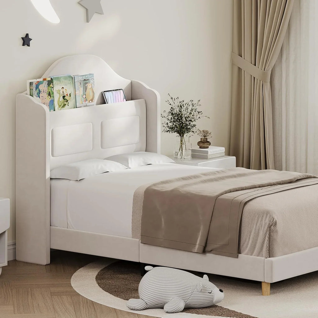 BouPower Twin Size Bed Frame with LED Lights,Platform Bed with Wing Back Storage Headboard,Upholstered Twin Bed,No Box Spring Needed,Easy Assembly