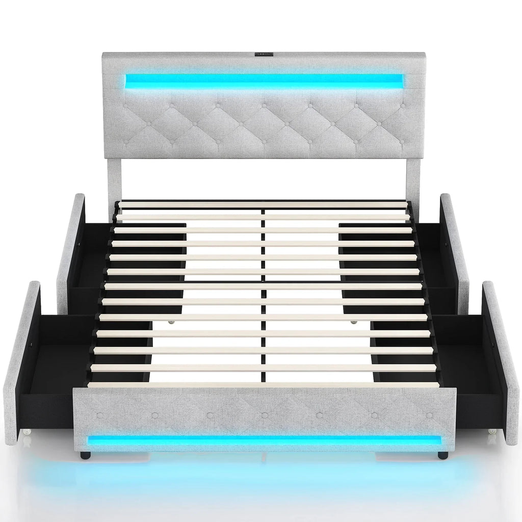 LED Bed Frame Queen Size with 4 Storage Drawers + 2 USB Ports and Outlets, Adjustable Upholstered Headboard, Solid Wooden Slat Support, No Box Spring Needed
