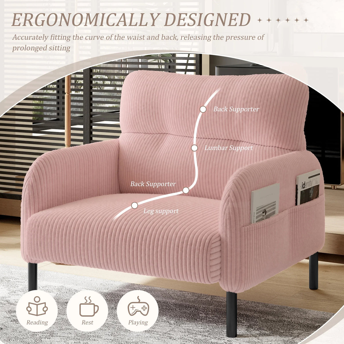 Modern Accent Chair,Armchair,Corduroy Fabric Sofa Chairs,Upholstered Armchair for Living Room,Bedroom,Office,Olive Green
