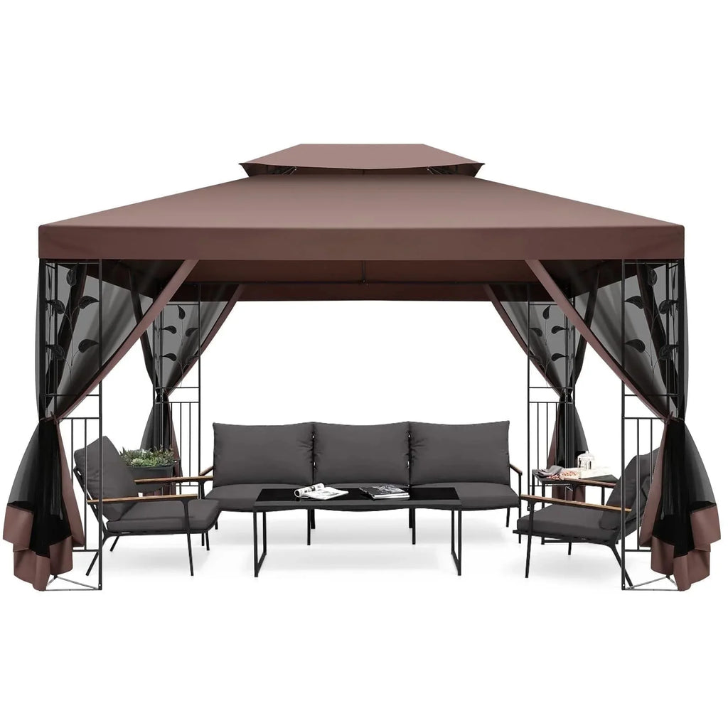 COBIZI 10' x 13' Pop Up Gazebo, Screened Patio Gazebo, Outdoor Steel Double Roof Canopy Tent, Metal Frame Canopy with Mosquito Netting, Sunshade for Garden, Lawns, Gray
