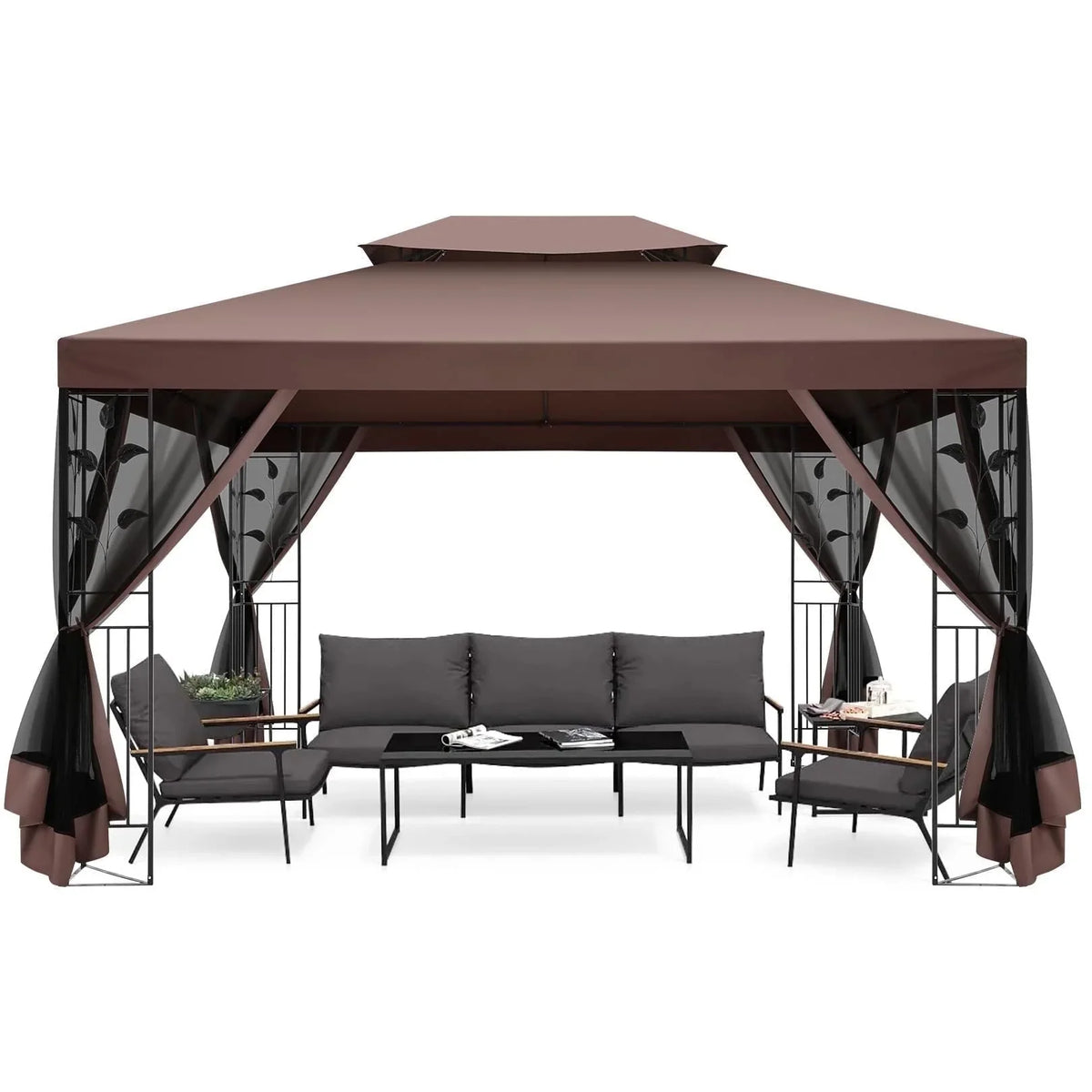 COBIZI 10' x 13' Pop Up Gazebo, Screened Patio Gazebo, Outdoor Steel Double Roof Canopy Tent, Metal Frame Canopy with Mosquito Netting, Sunshade for Garden, Lawns, Gray