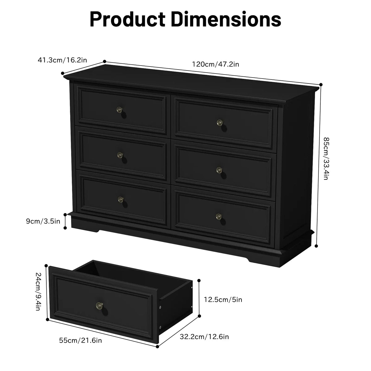IDEALSOUL Black Dresser,6 Drawer Dresser for bedroom,Retro Wood Storage Cabinet for Living Room