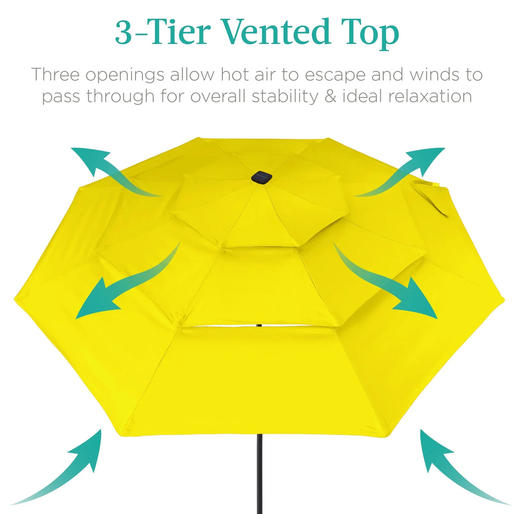 Best Choice Products 10ft 3-Tier Solar Patio Umbrella w/ 24 LED Lights, Tilt Adjustment, Easy Crank - Tan