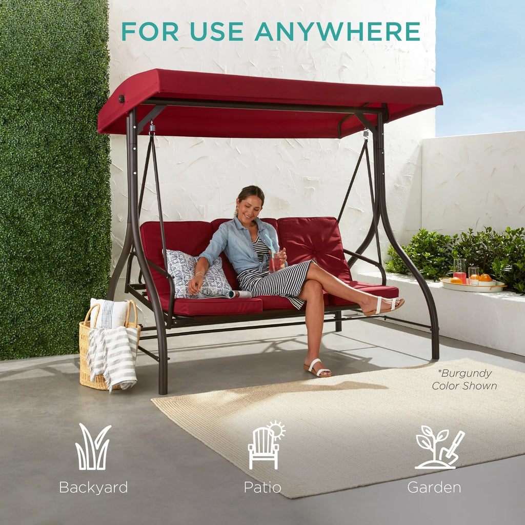 Best Choice Products 3-Seat Outdoor Converting Canopy Swing Glider Patio Hammock w/ Removable Cushions - Burgundy
