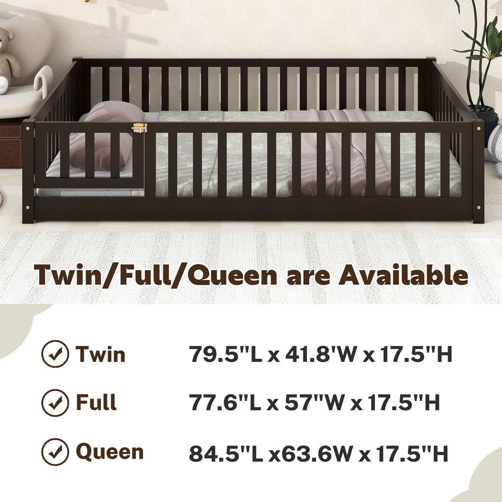 PAPROOS Twin Size Floor Bed, Solid Wood Toddler Bed with Slat, Fence Guardrail and Door, No Box Spring Needed, Montessori Bed, Twin Bed for Kids, Boys, Girls, Gray