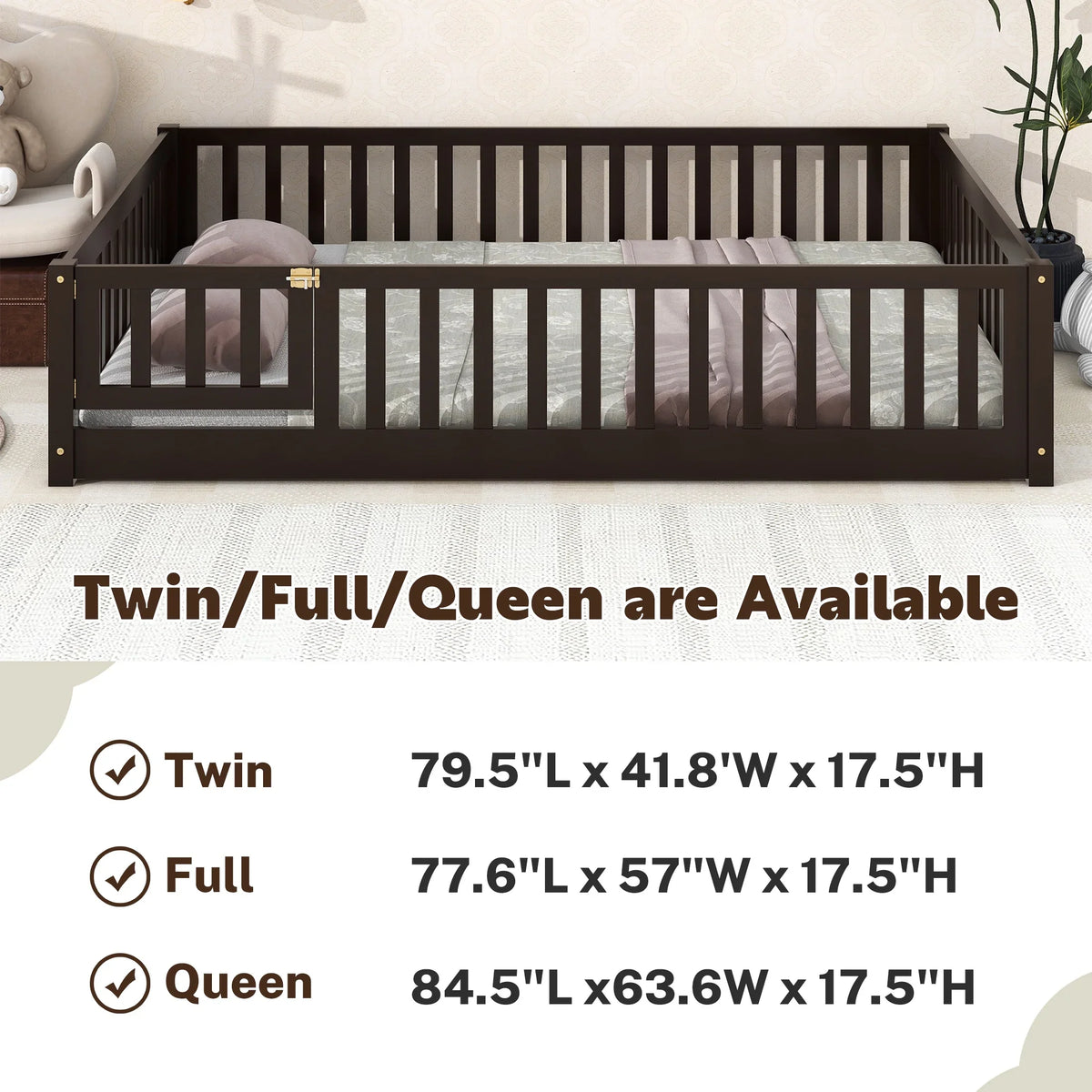 PAPROOS Twin Size Floor Bed, Solid Wood Toddler Bed with Slat, Fence Guardrail and Door, No Box Spring Needed, Montessori Bed, Twin Bed for Kids, Boys, Girls, Gray
