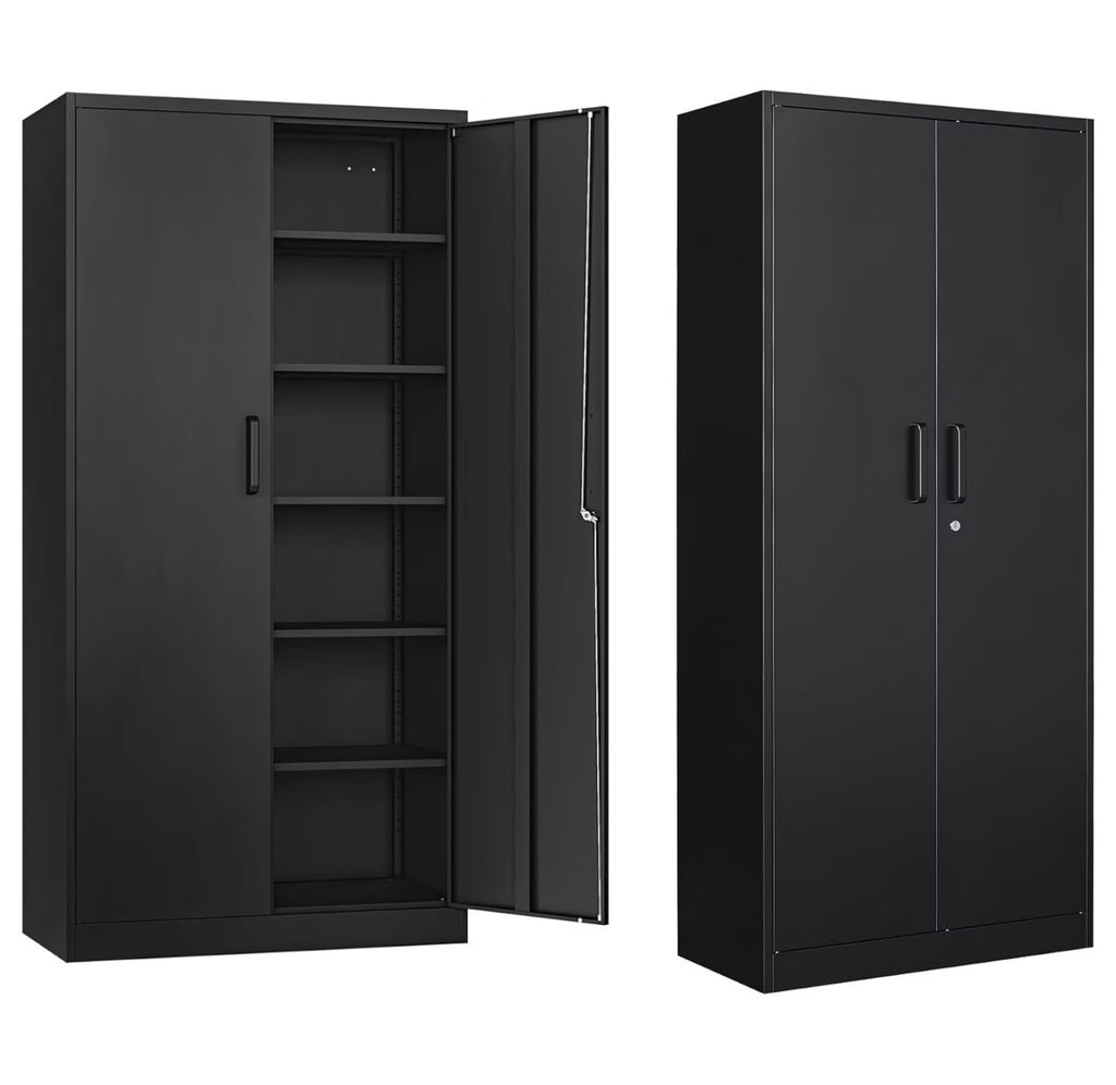 Metal Storage Cabinet with 5 Adjustable Shelves,Garage Storage Cabinet with Lock,Black Metal Cabinet with Locking Doors,Steel Cabinet,71" Lockable Storage Cabinet for Home,Office,Garage Cabinets