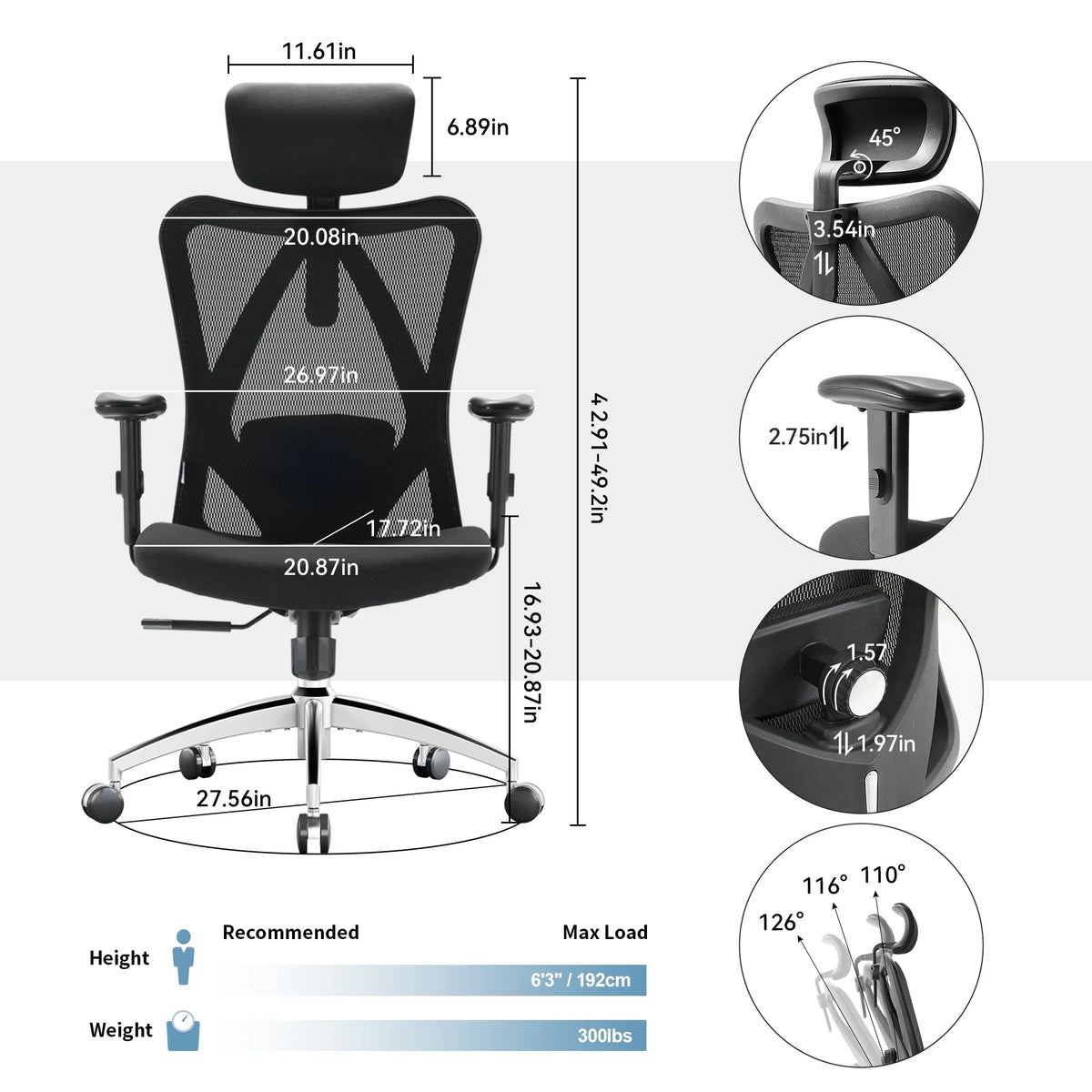 SIHOO M18 Mesh Ergonomic Office Chair with Adjustable Lumbar Support, High Back, Black