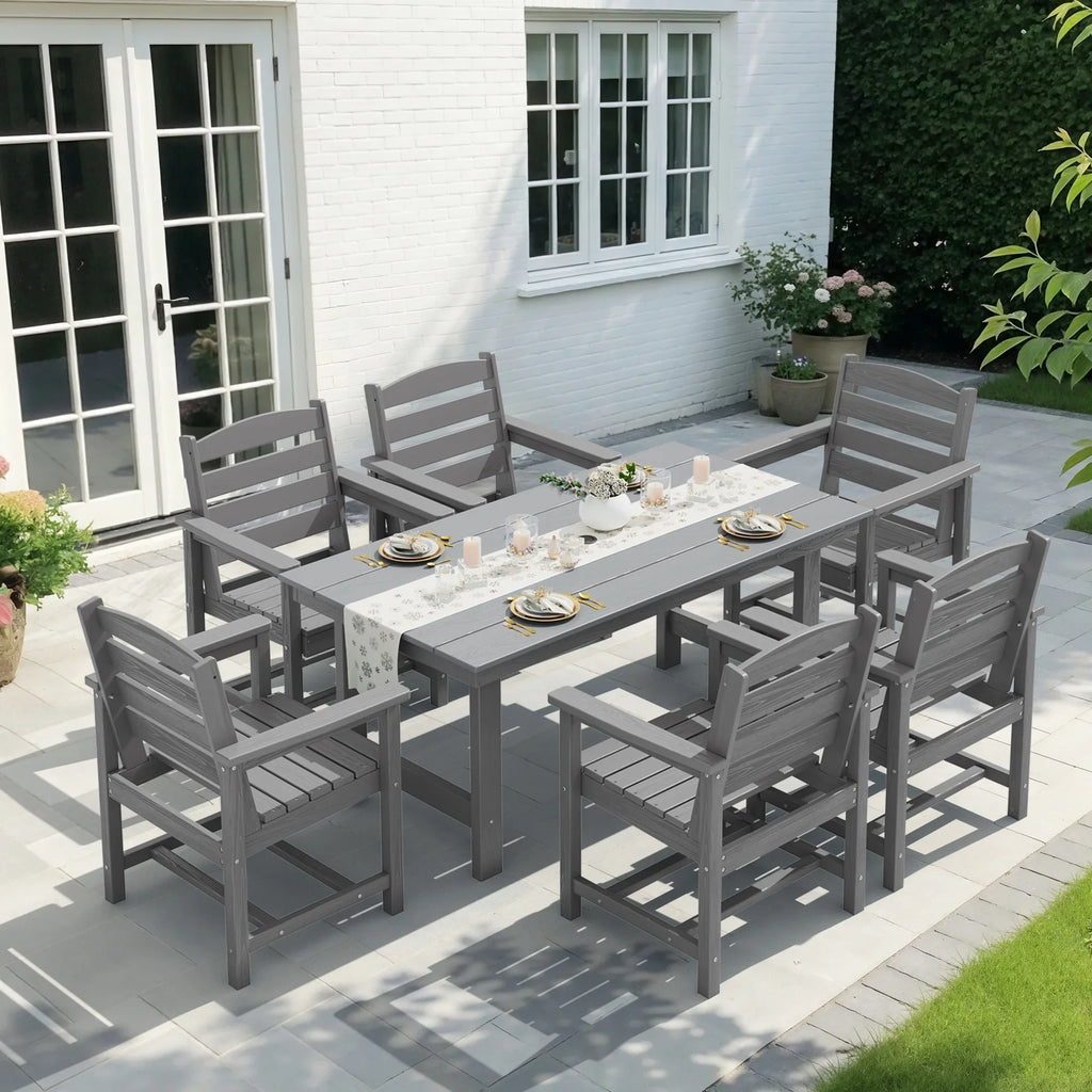 KINGYES 7-Piece Outdoor Dining Set, HDPE Patio Table and Chairs with Umbrella Hole, Gray