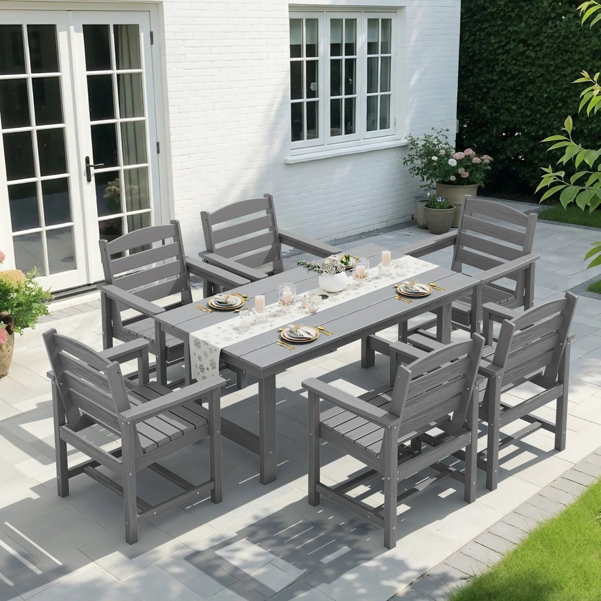 KINGYES 7-Piece Outdoor Dining Set, HDPE Patio Table and Chairs with Umbrella Hole, Gray