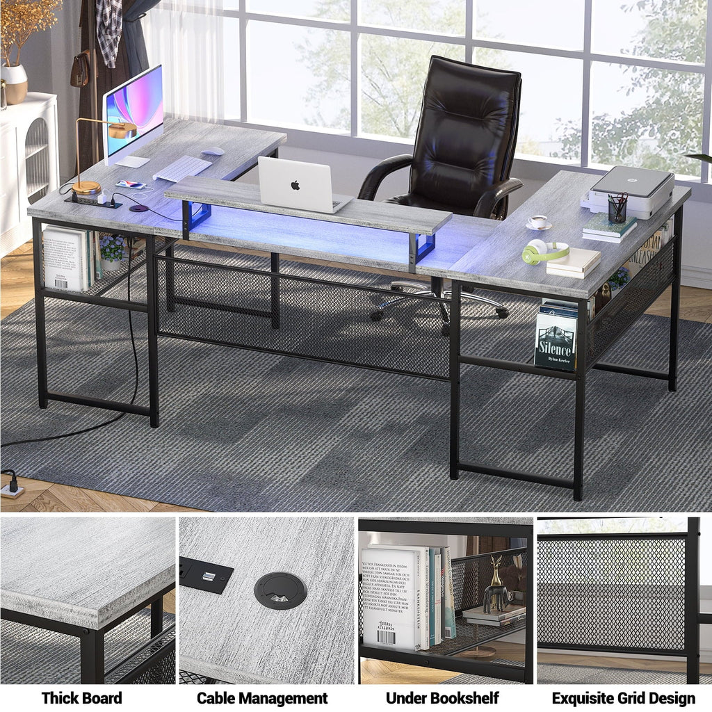 Homieasy U Shaped Desk with Power Outlet and LED Strips, 129.9'' Ergonomic L-Shaped Gaming Desk with Monitor Stand, Reversible Corner Computer Desk with Storage Shelf for Home Office, White Oak