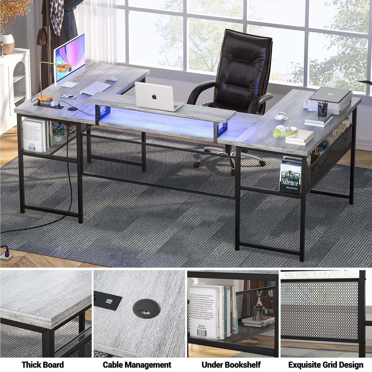 Homieasy U Shaped Desk with Power Outlet and LED Strips, 129.9'' Ergonomic L-Shaped Gaming Desk with Monitor Stand, Reversible Corner Computer Desk with Storage Shelf for Home Office, White Oak