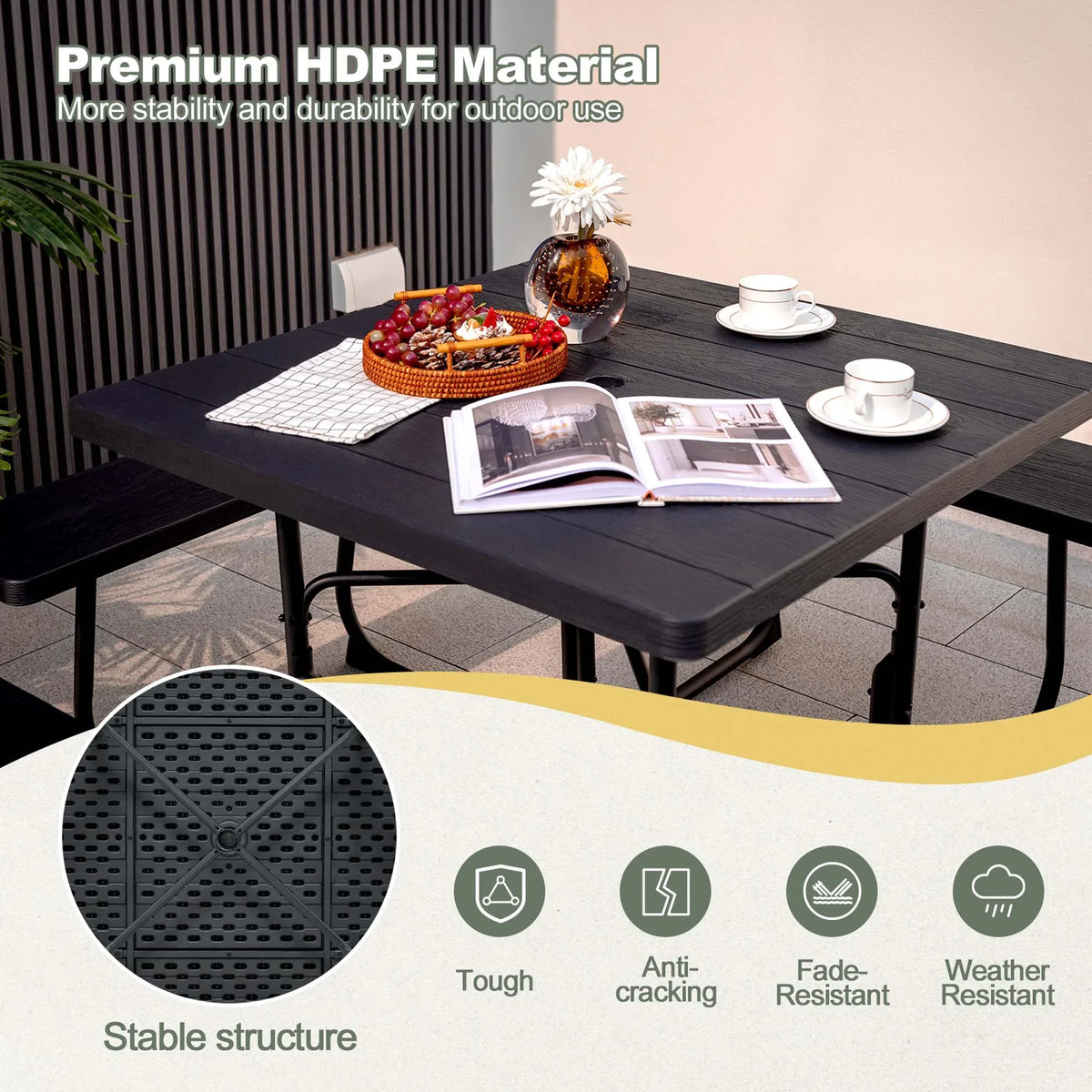 Costway Outdoor 8-person Square Picnic Table Bench Set with 4 Benches & Umbrella Hole White